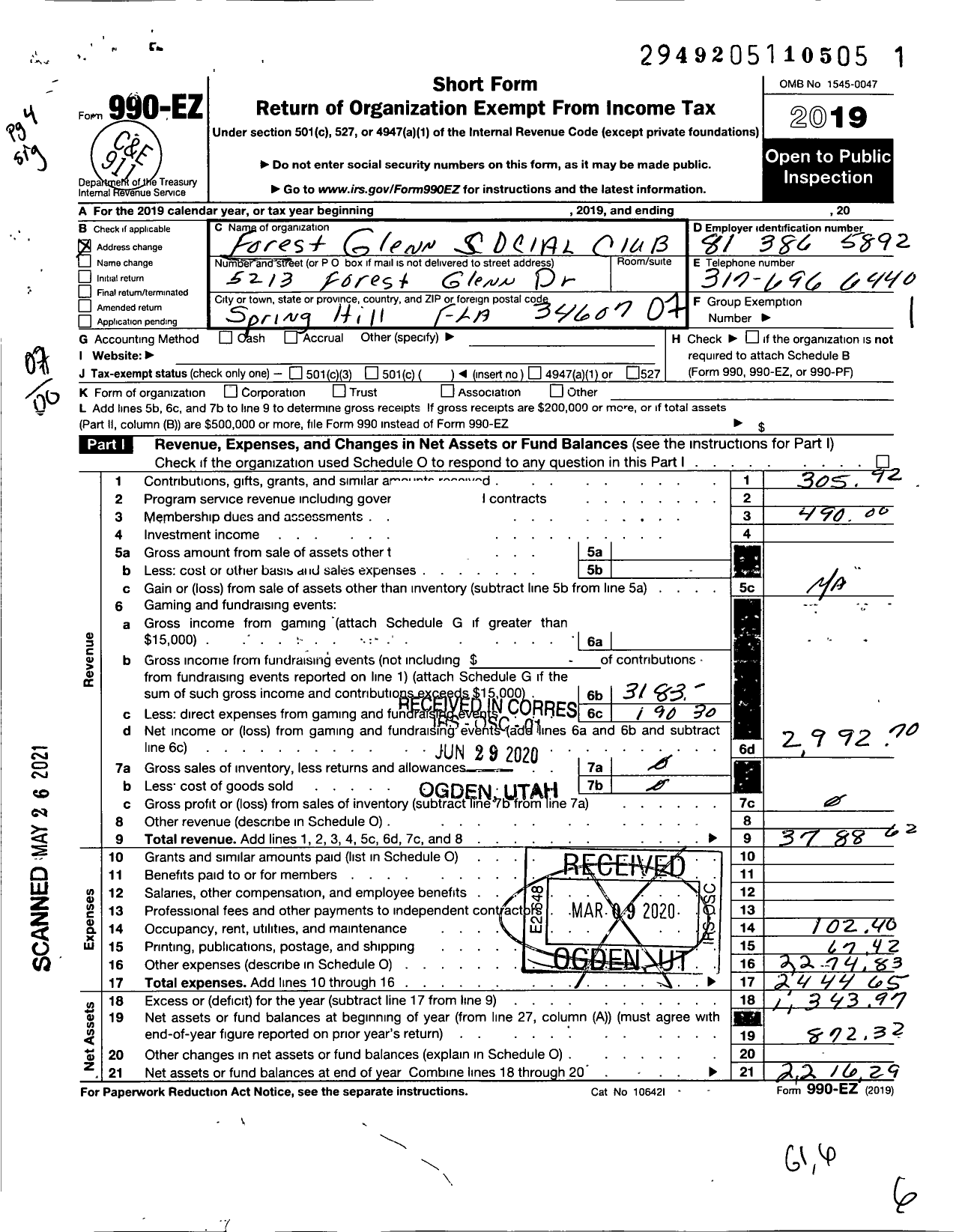 Image of first page of 2019 Form 990EO for Forest Glenn Social Club