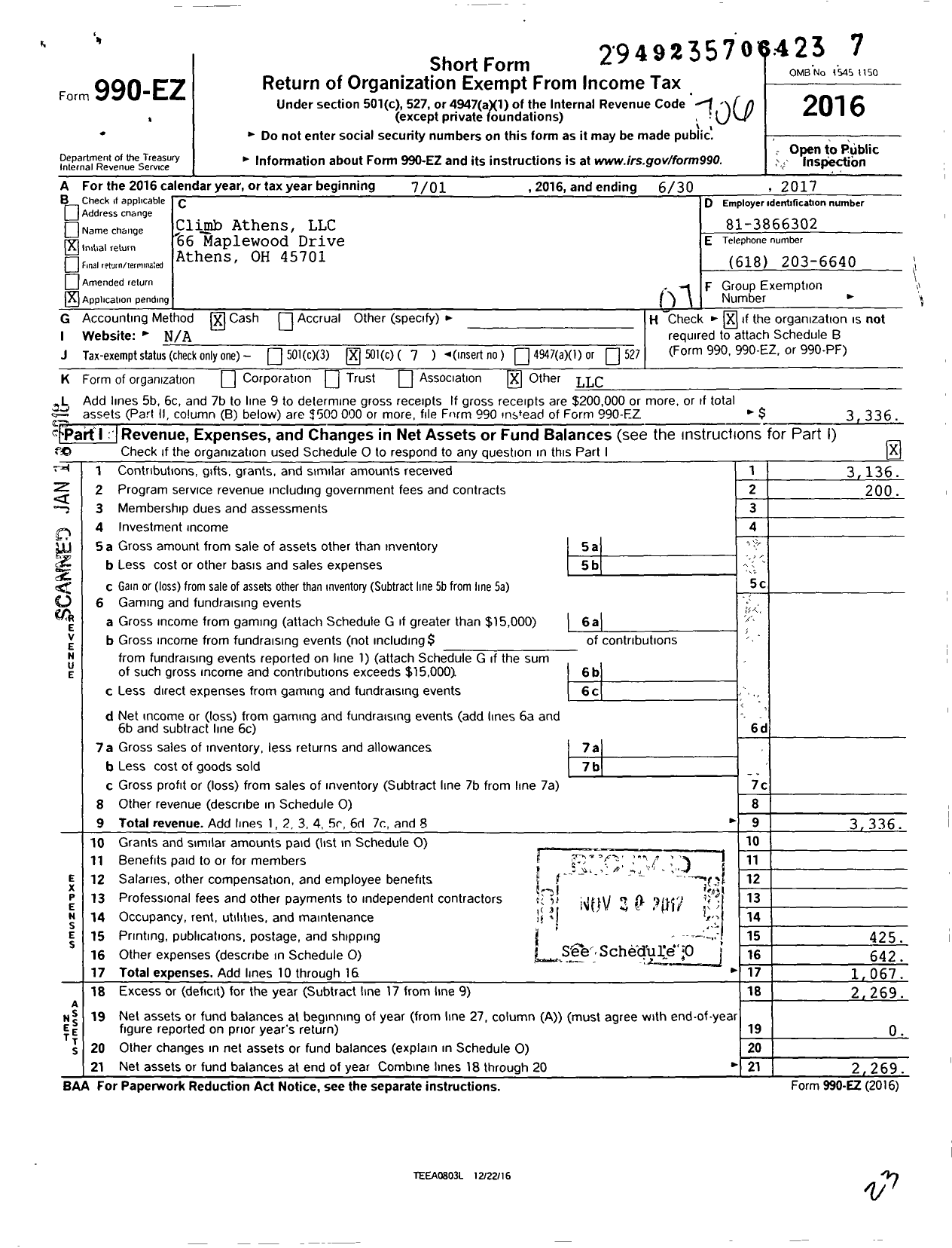 Image of first page of 2016 Form 990EO for Climb Athens LLC