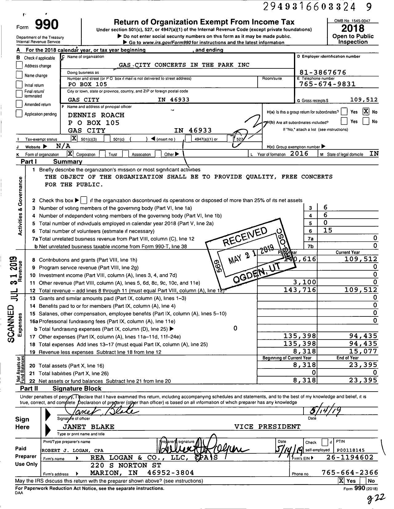 Image of first page of 2018 Form 990 for Gas City Concerts in the Park