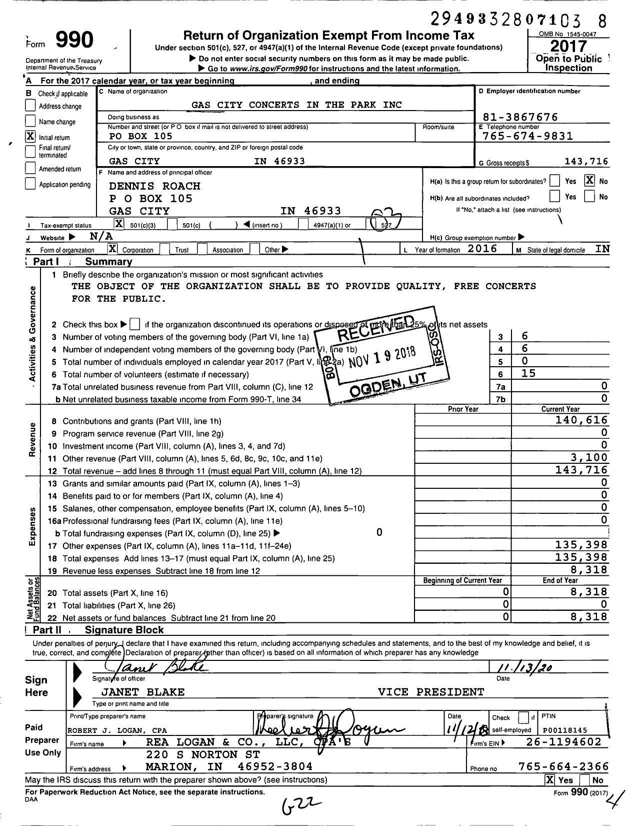 Image of first page of 2017 Form 990 for Gas City Concerts in the Park