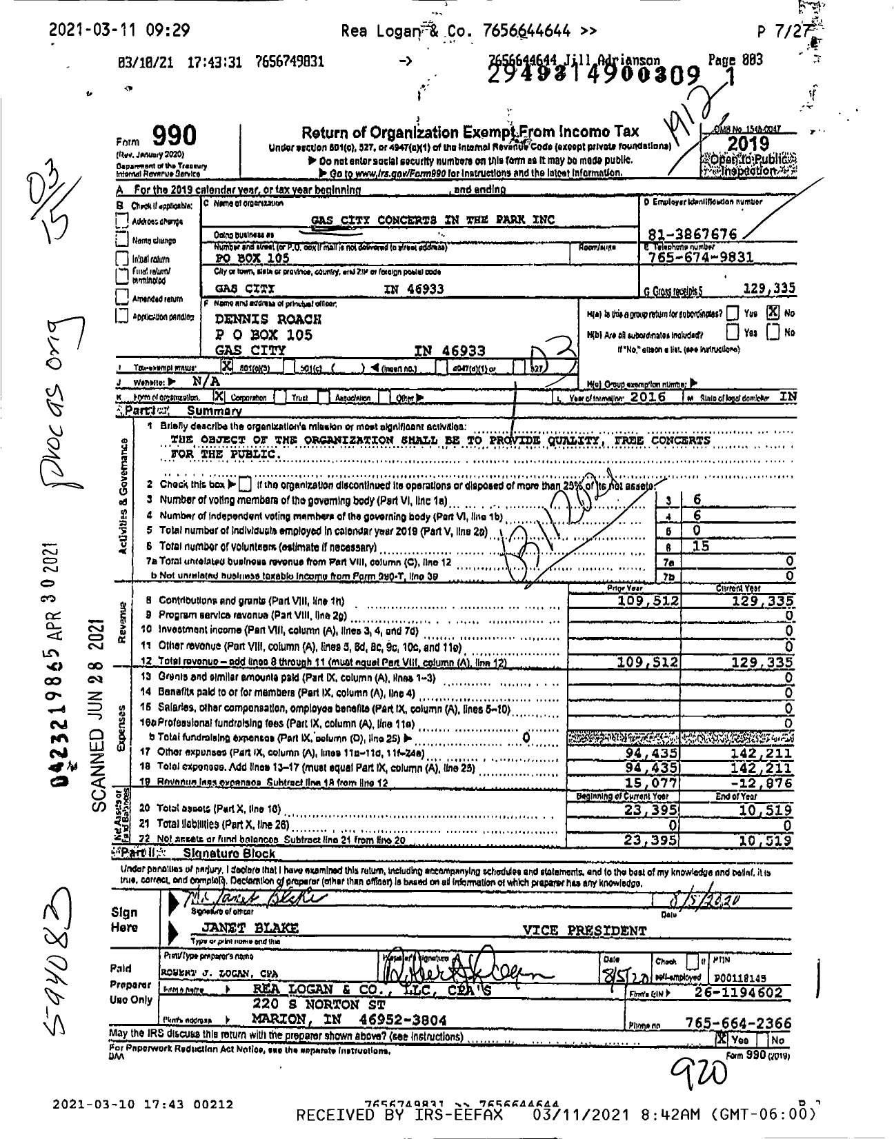 Image of first page of 2019 Form 990 for Gas City Concerts in the Park