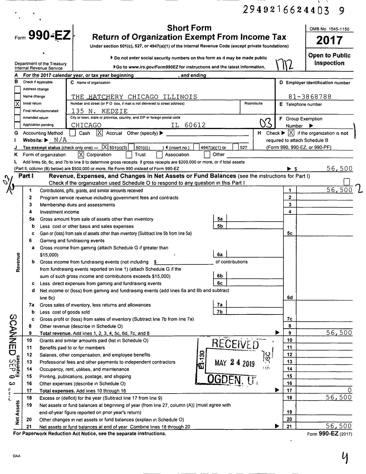 Image of first page of 2017 Form 990EZ for The Hatchery Chicago Illinois