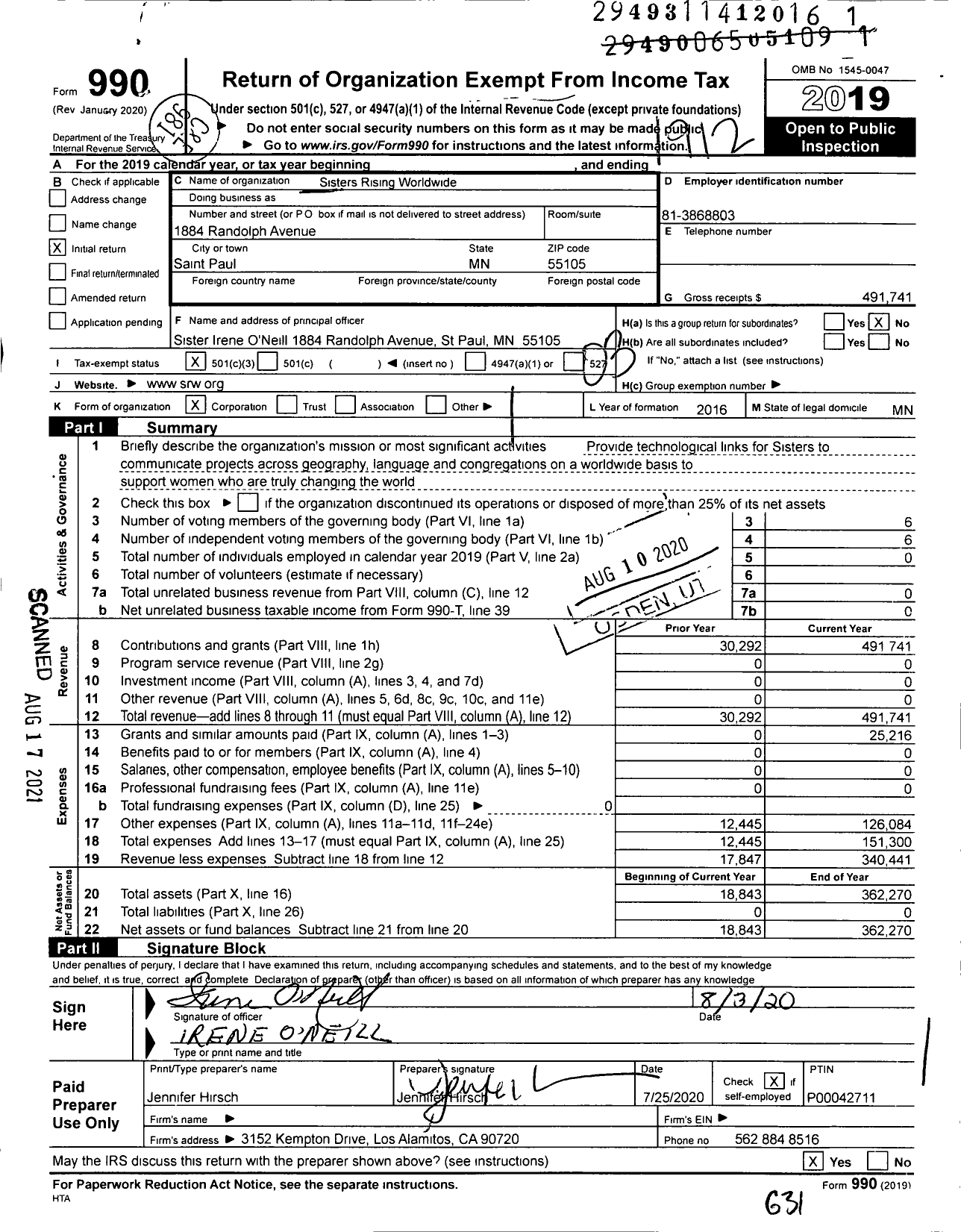 Image of first page of 2019 Form 990 for Sisters Rising Worldwide