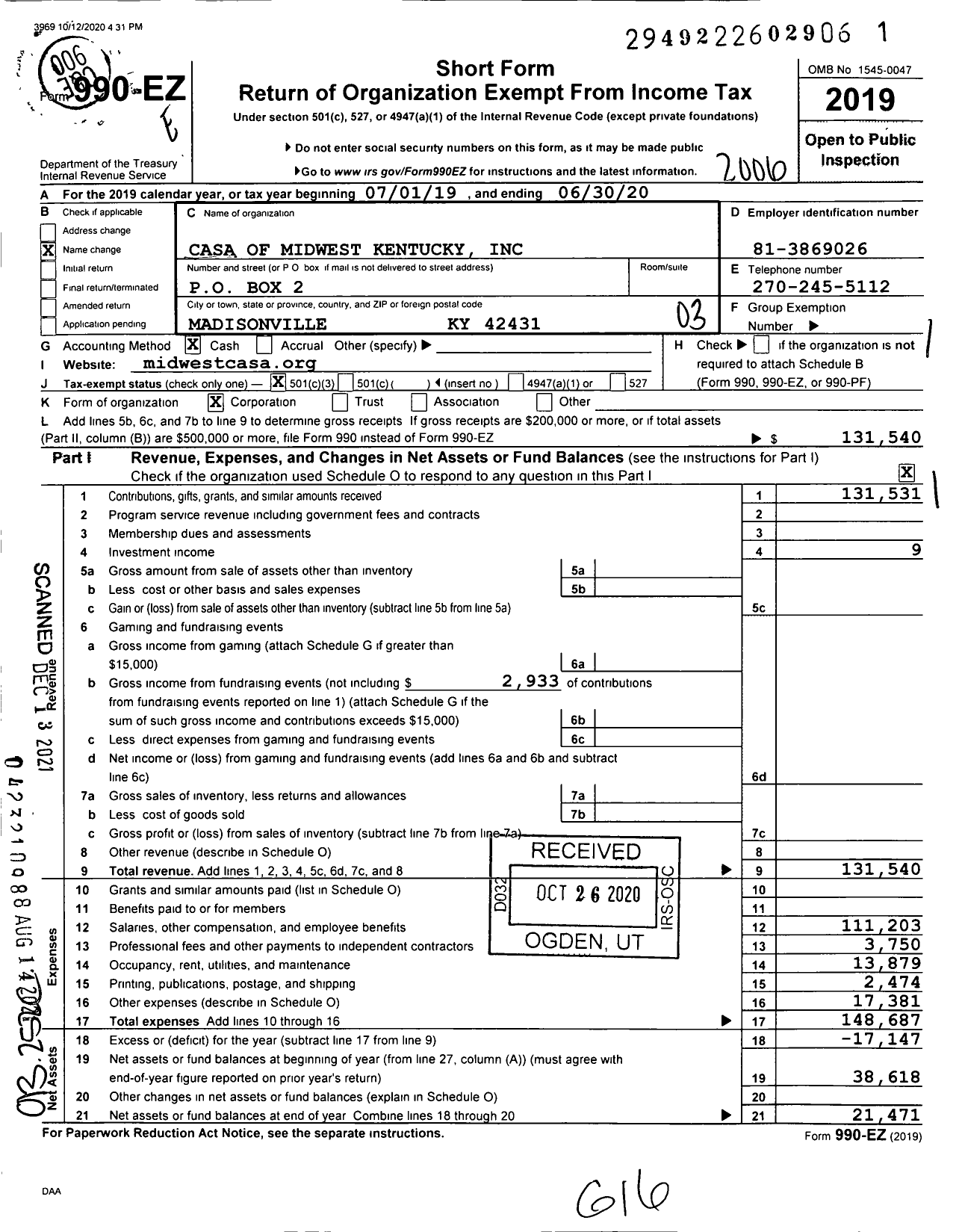 Image of first page of 2019 Form 990EZ for Casa of Midwest Kentucky