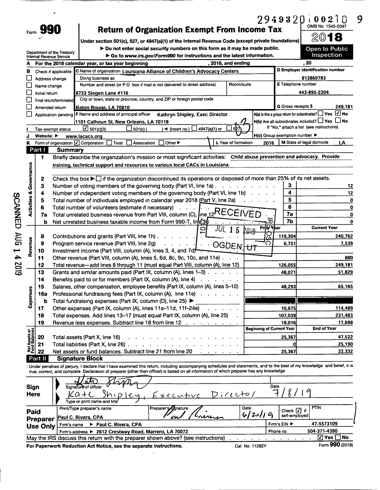 Image of first page of 2018 Form 990 for Louisiana Alliance of Children's Advocacy Centers