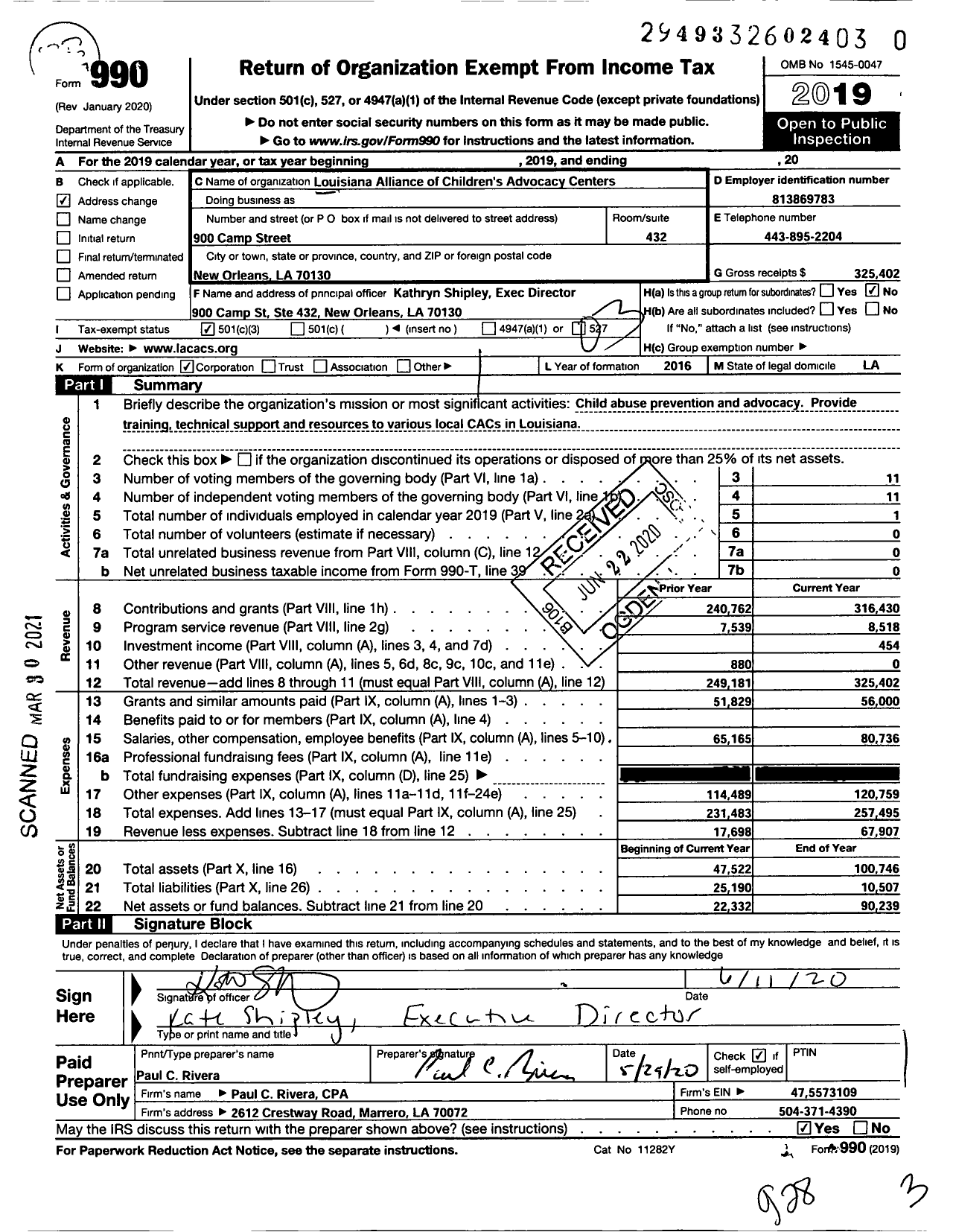 Image of first page of 2019 Form 990 for Louisiana Alliance of Children's Advocacy Centers