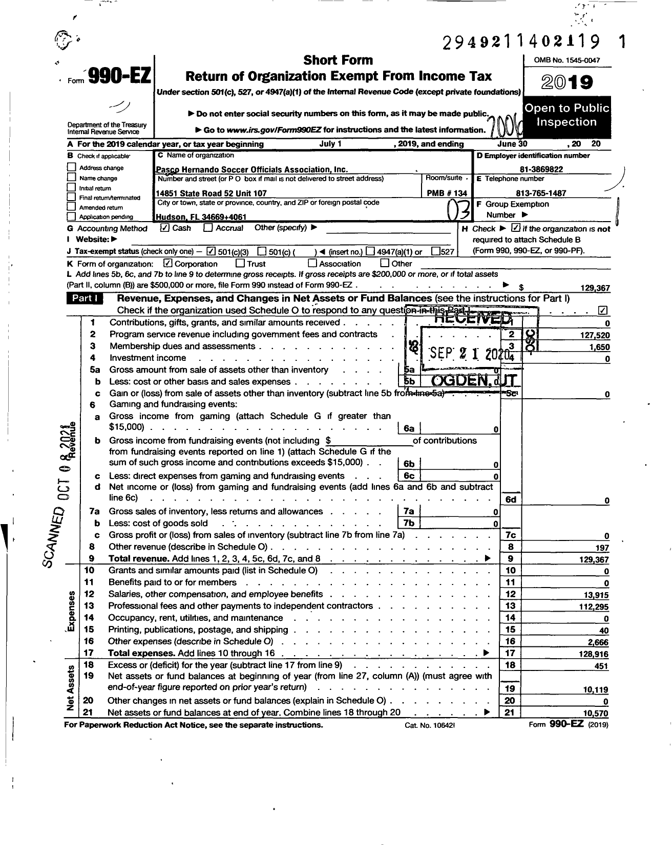 Image of first page of 2019 Form 990EZ for Pasco Hernando Soccer Officials Association