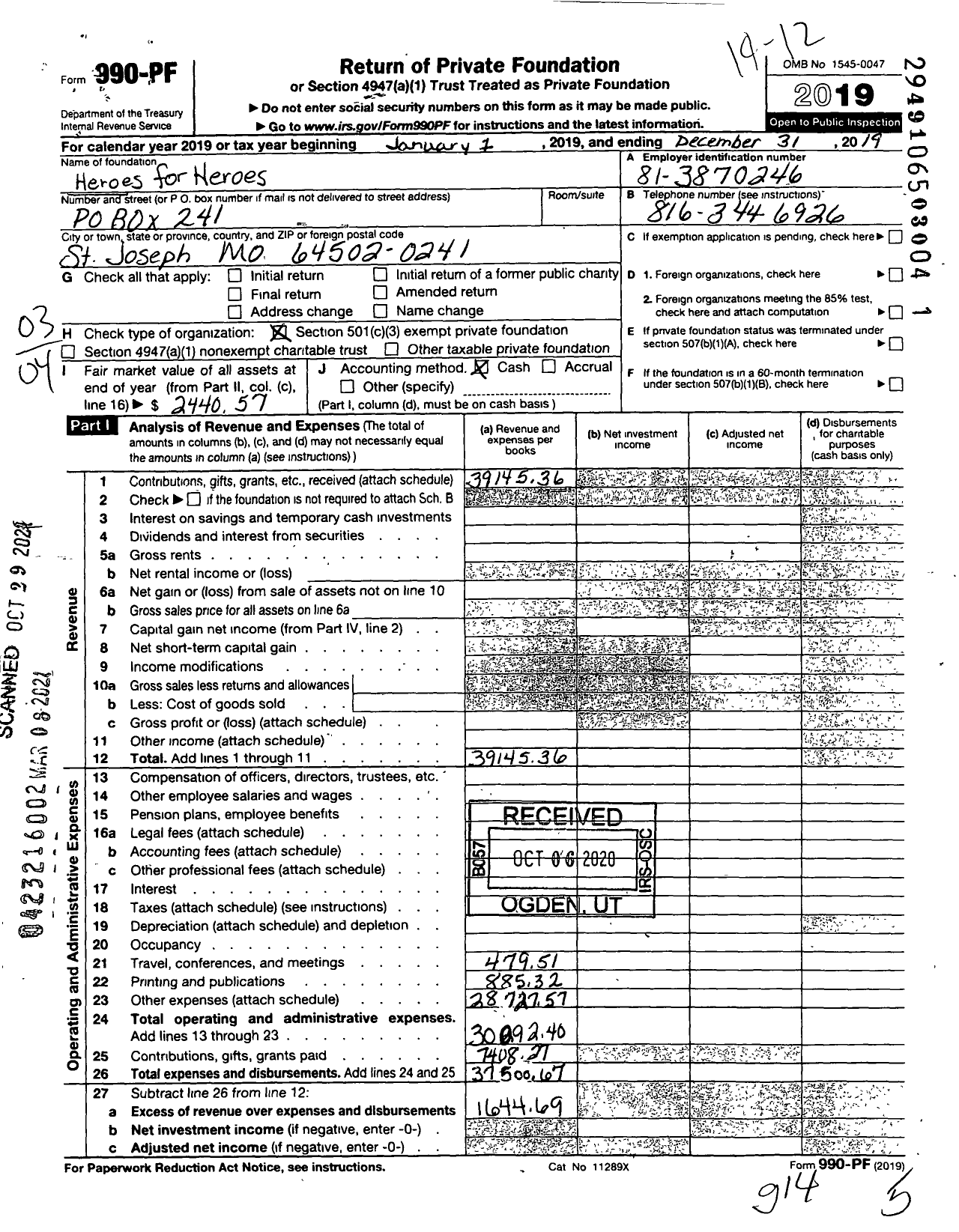 Image of first page of 2019 Form 990PF for Heroes for Heroes