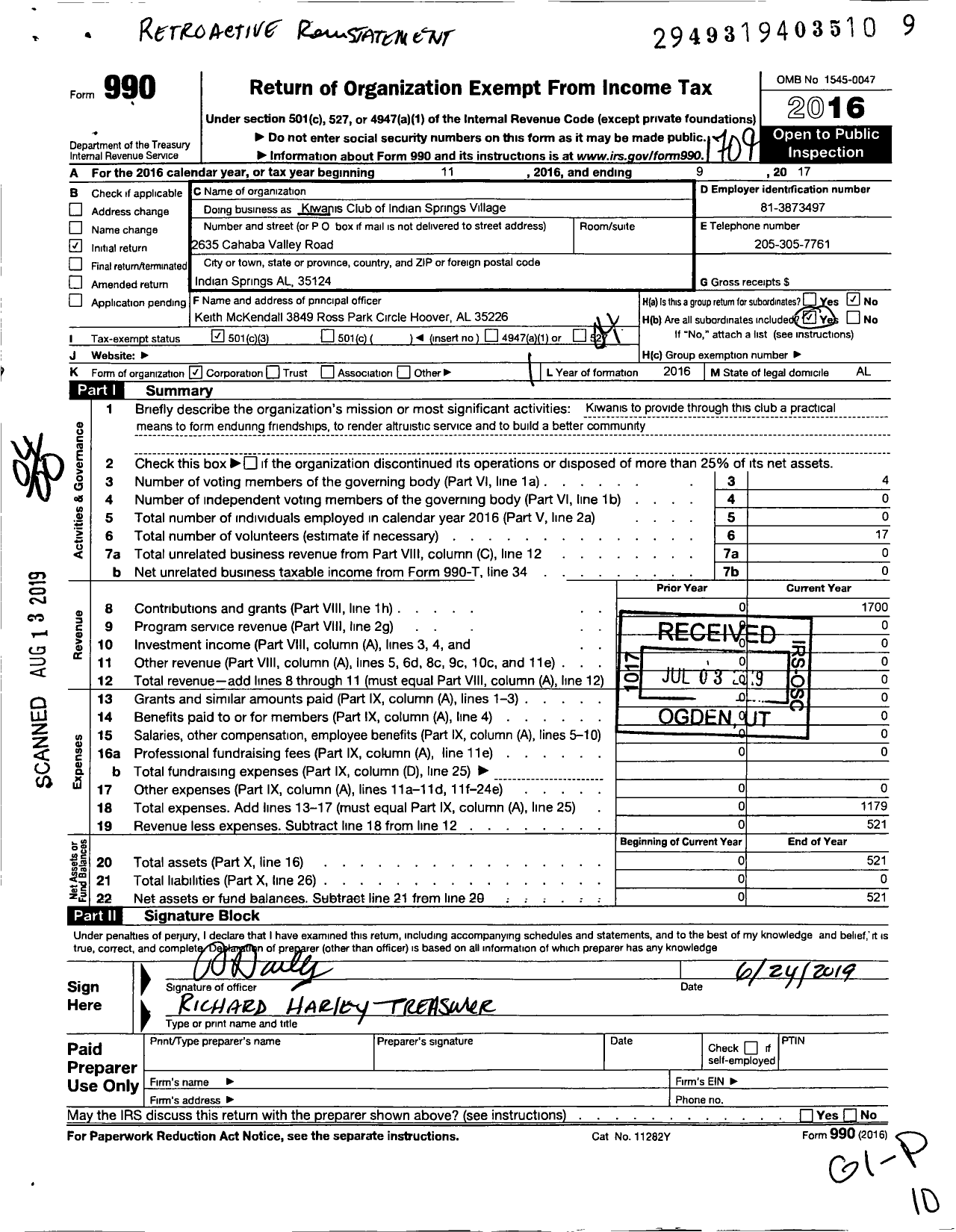 Image of first page of 2016 Form 990O for Kiwanis Club of Indian Springs Village