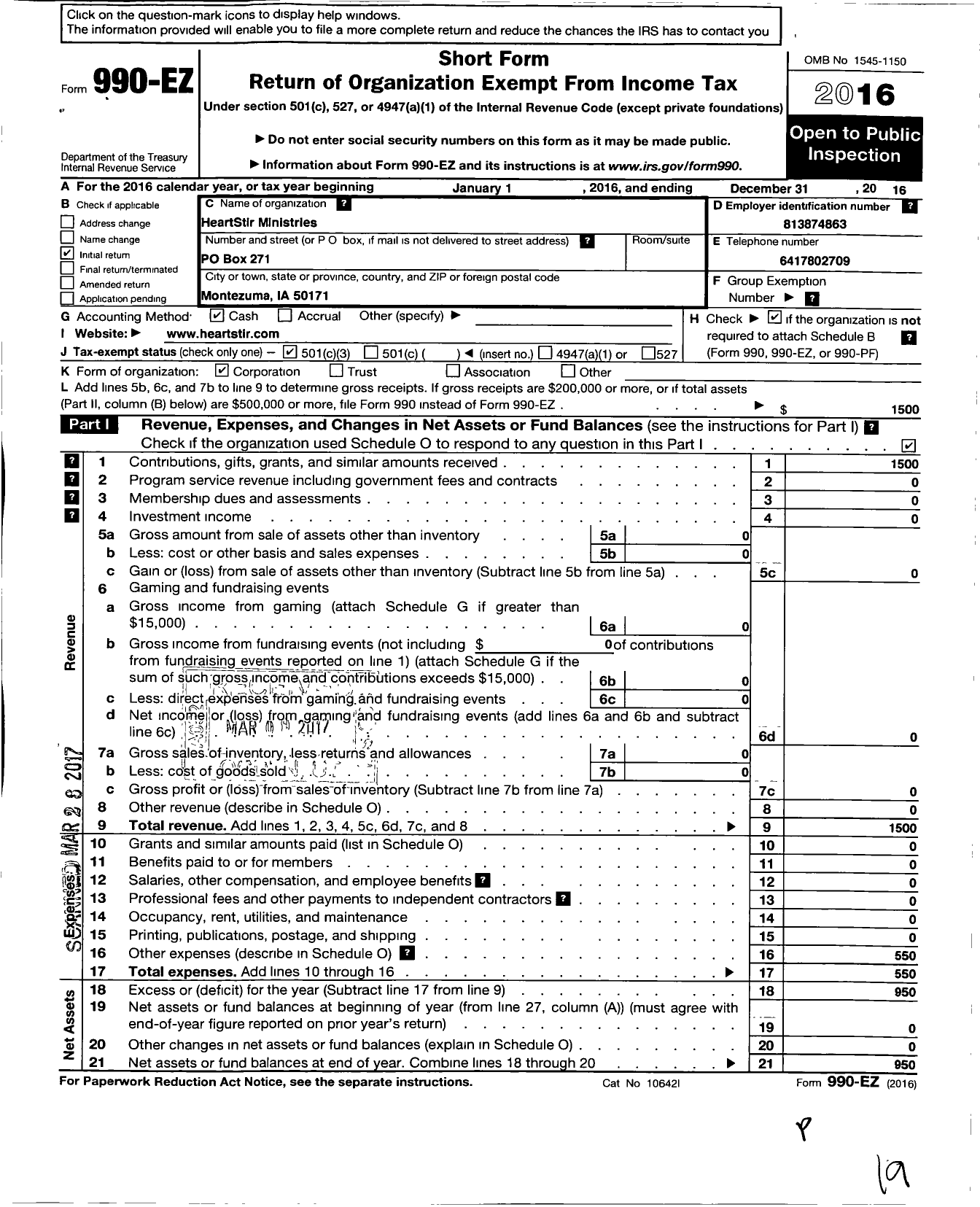 Image of first page of 2016 Form 990EZ for Heartstir Ministries