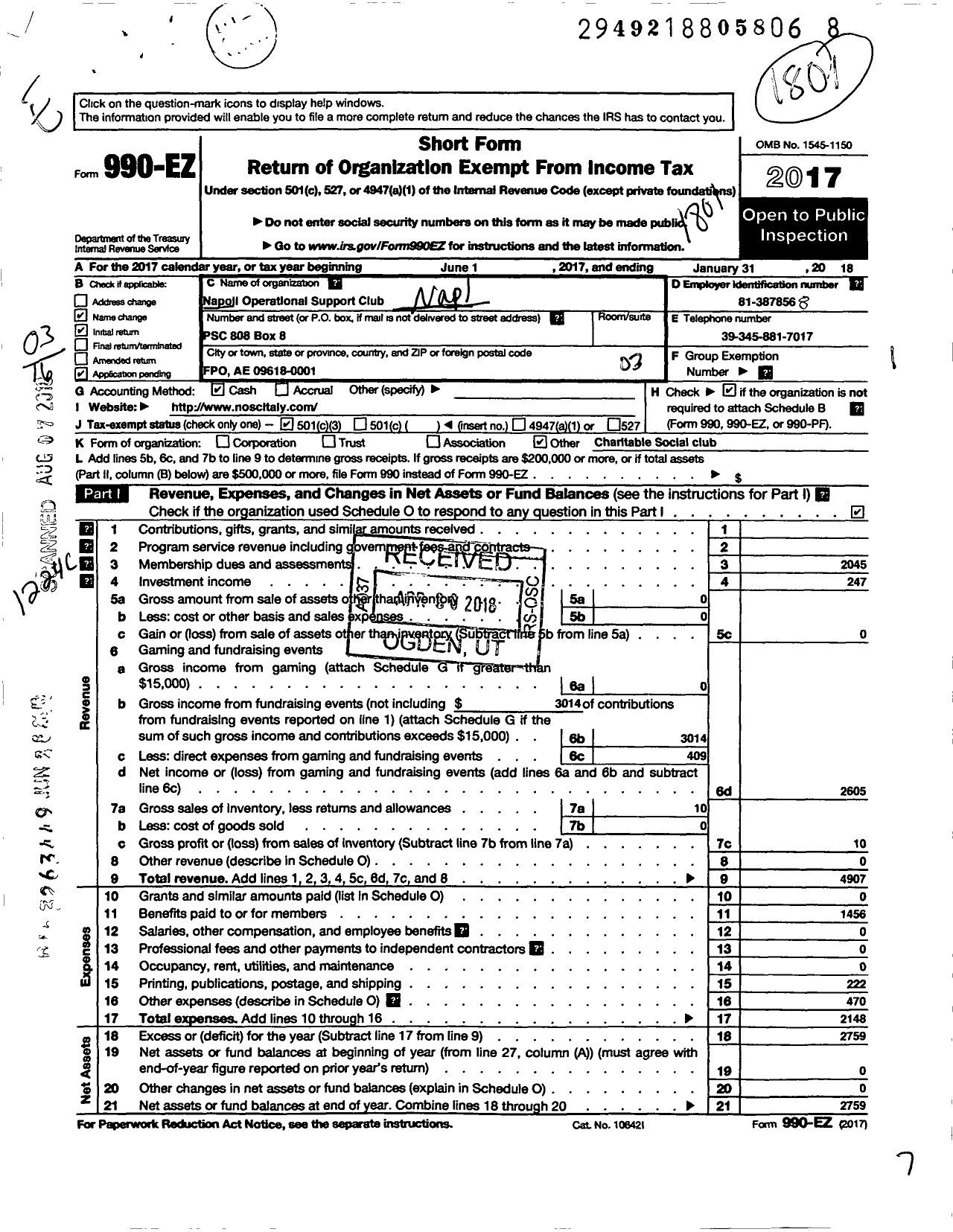 Image of first page of 2017 Form 990EZ for Napoli Operational Support Club (NOSC)