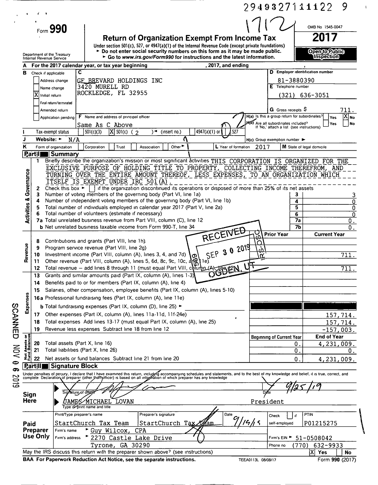 Image of first page of 2017 Form 990O for GF Brevard Holdings