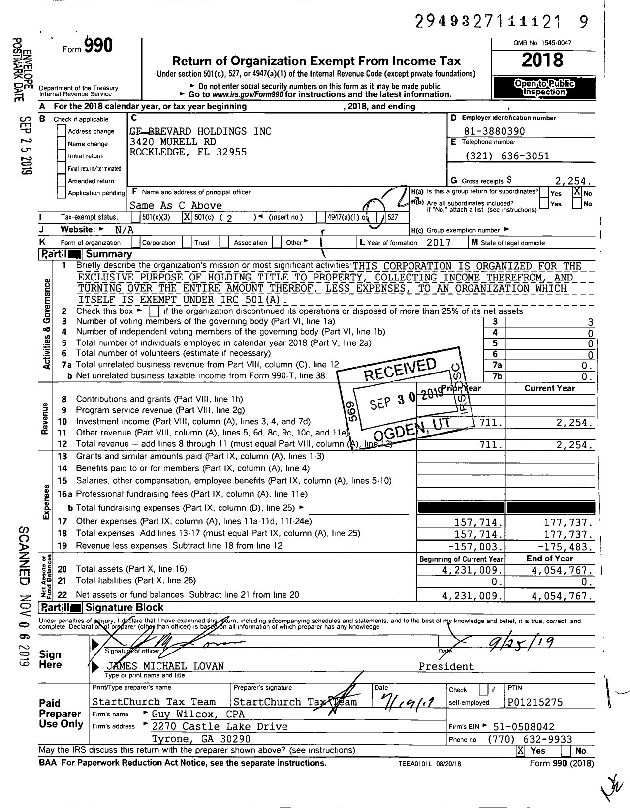 Image of first page of 2018 Form 990O for GF Brevard Holdings