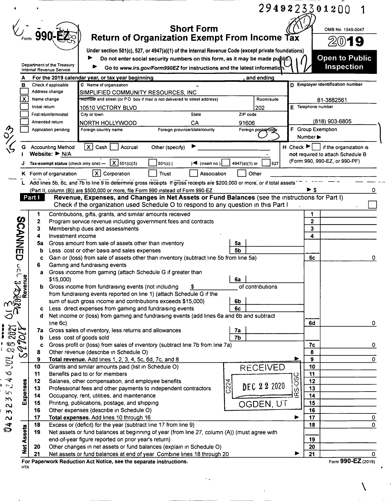 Image of first page of 2019 Form 990EZ for Simplified Community Resources