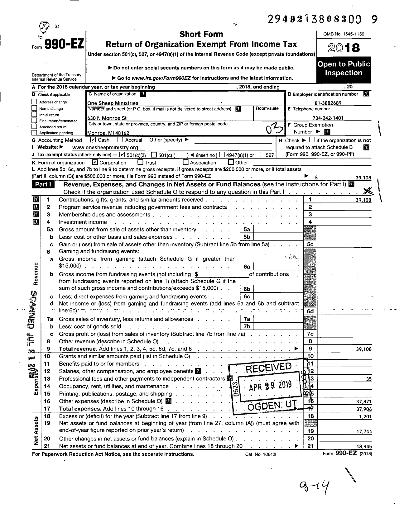 Image of first page of 2018 Form 990EZ for One Sheep Ministries