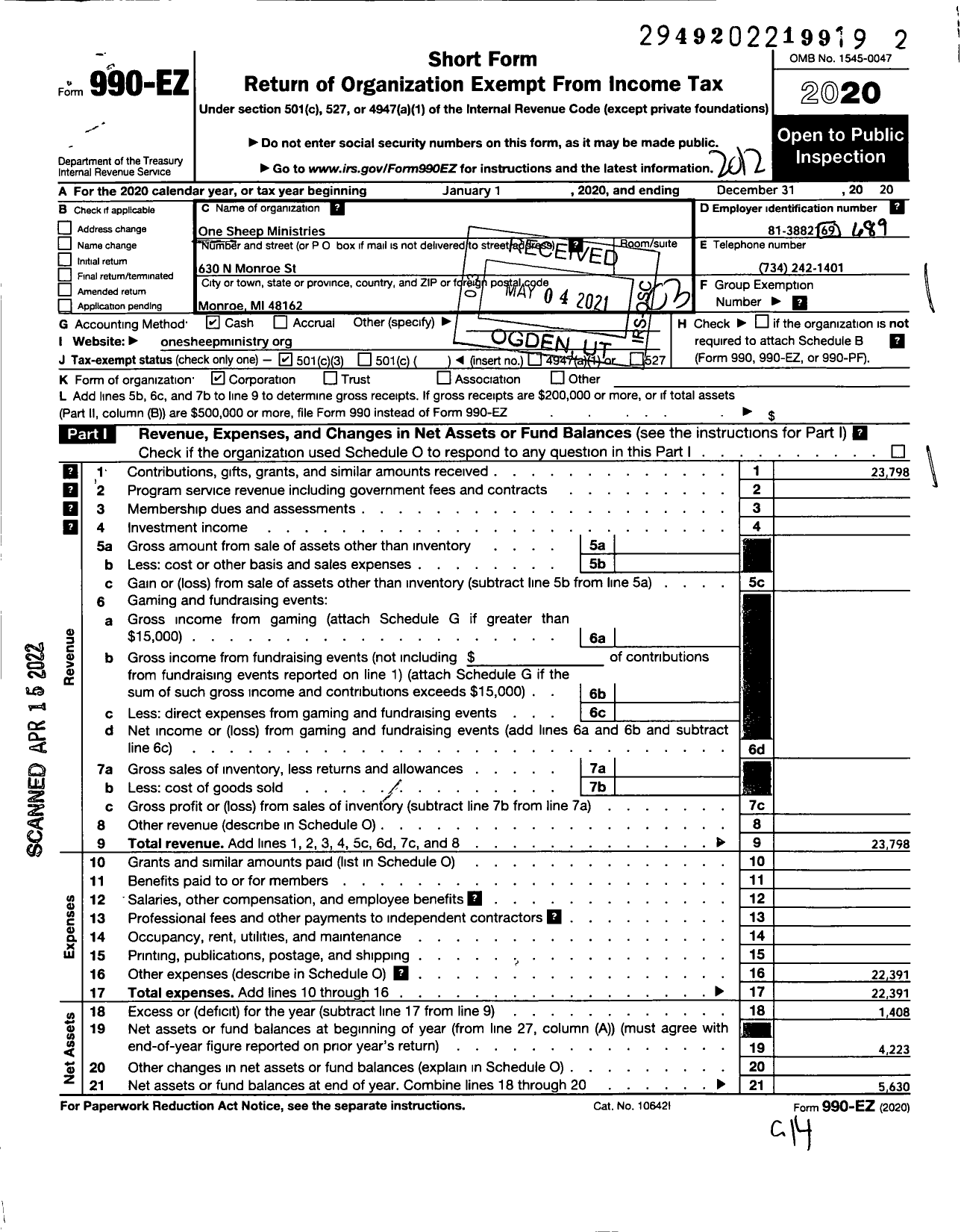 Image of first page of 2020 Form 990EZ for One Sheep Ministries