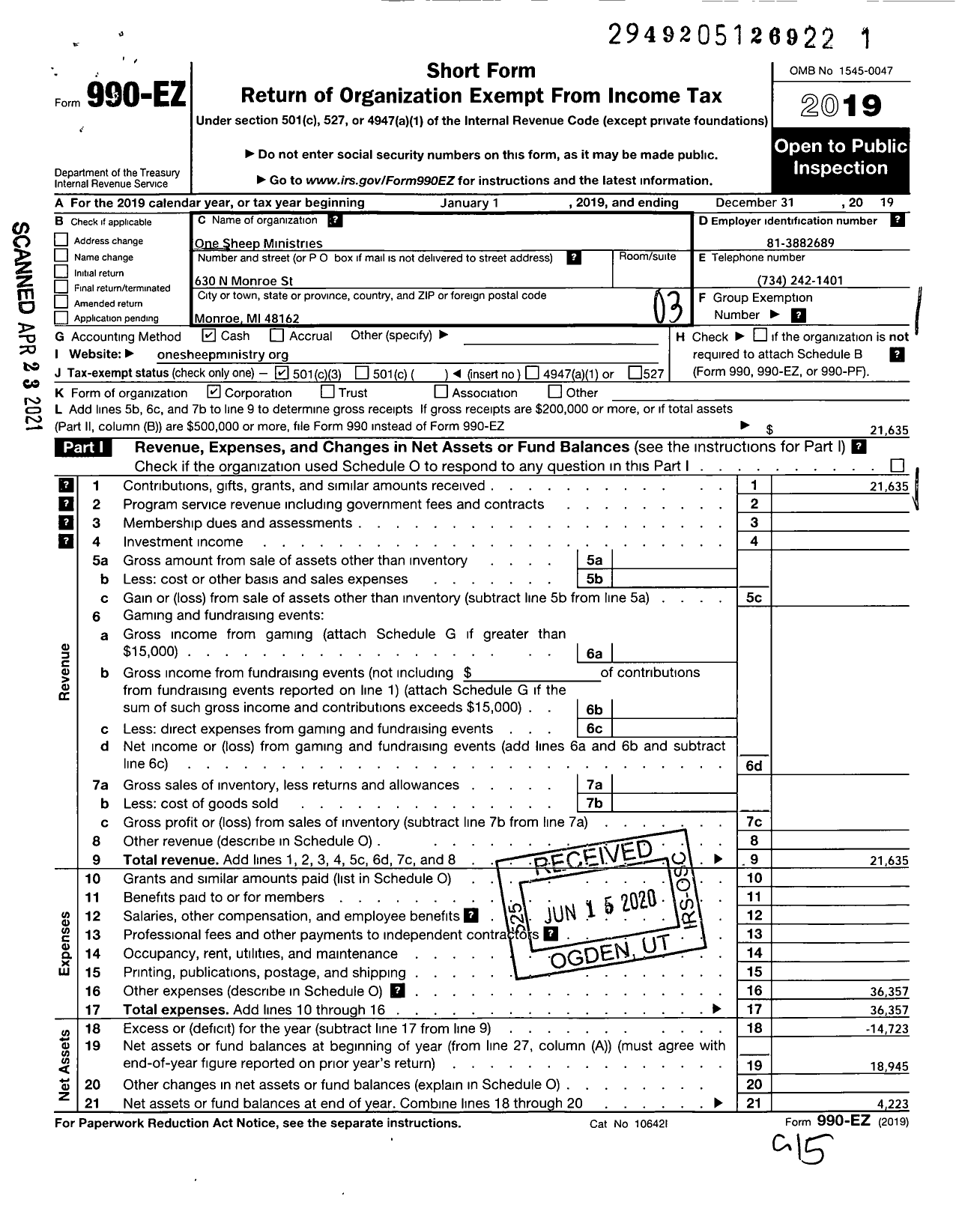 Image of first page of 2019 Form 990EZ for One Sheep Ministries