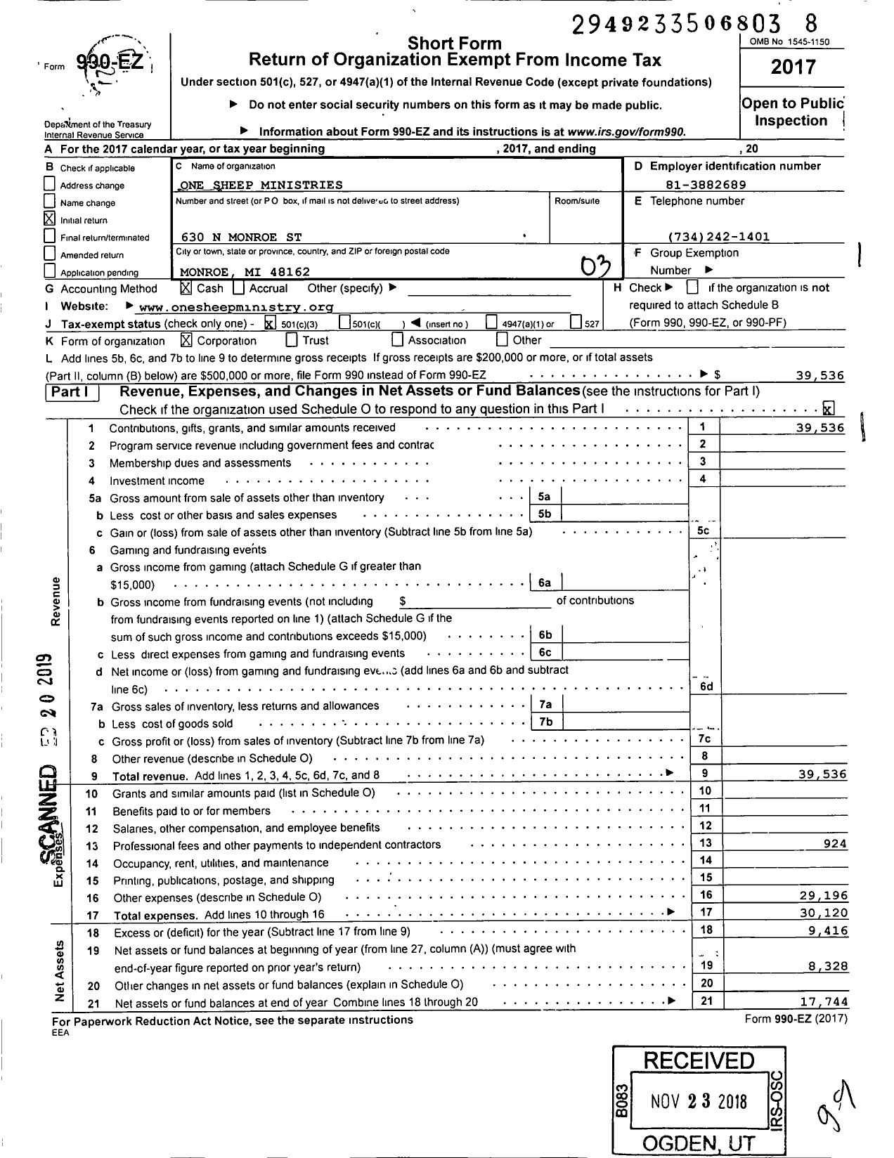 Image of first page of 2017 Form 990EZ for One Sheep Ministries