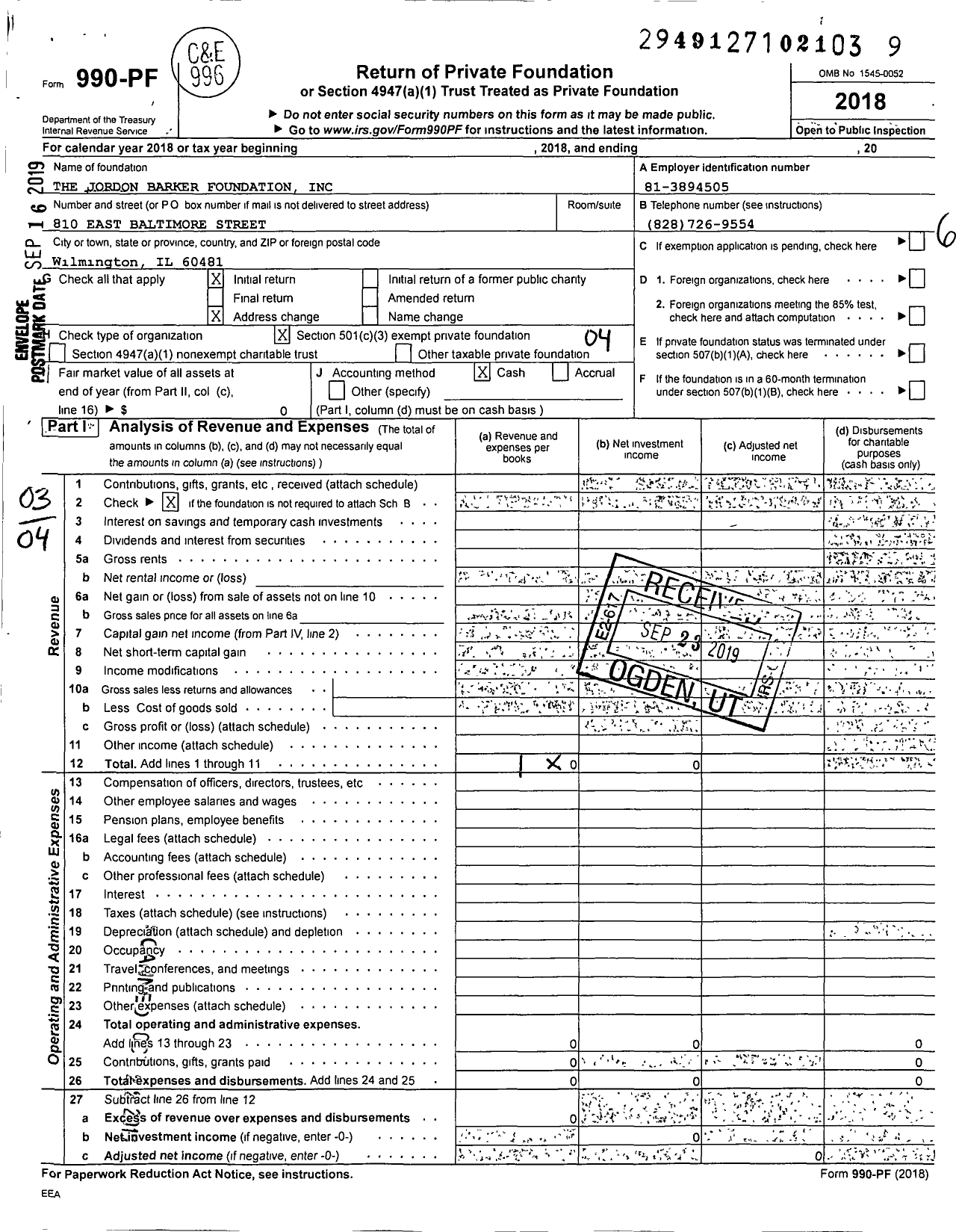 Image of first page of 2018 Form 990PF for The Jordan Barker Foundation