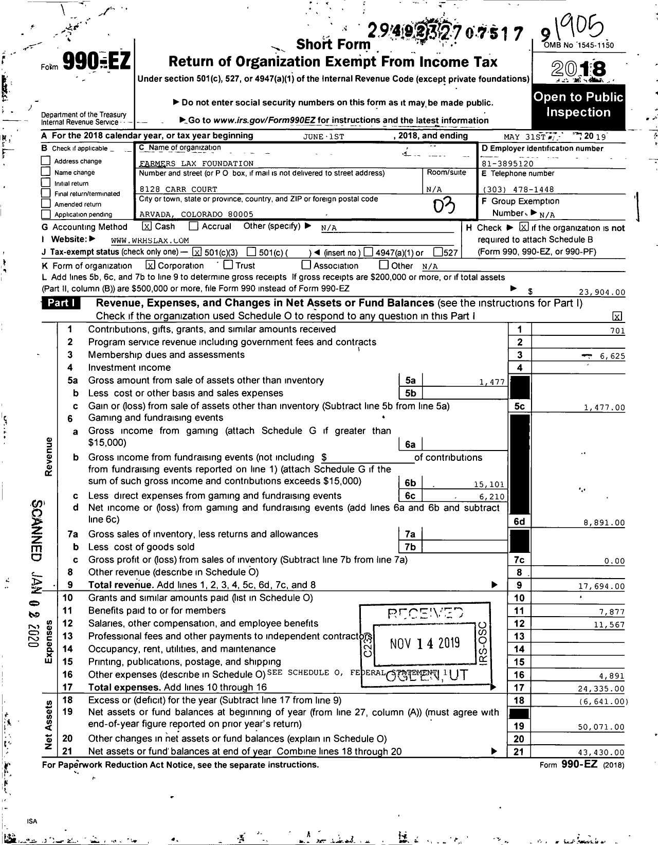 Image of first page of 2018 Form 990EZ for Farmers Lax Foundation