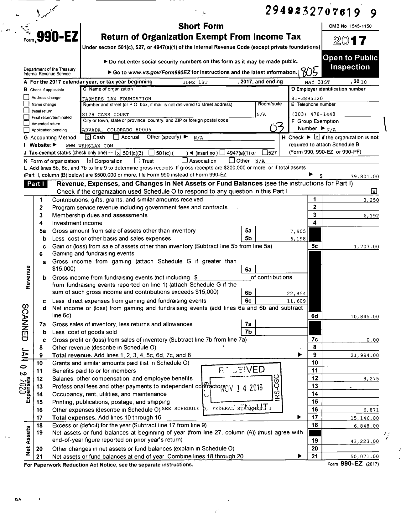 Image of first page of 2017 Form 990EZ for Farmers Lax Foundation