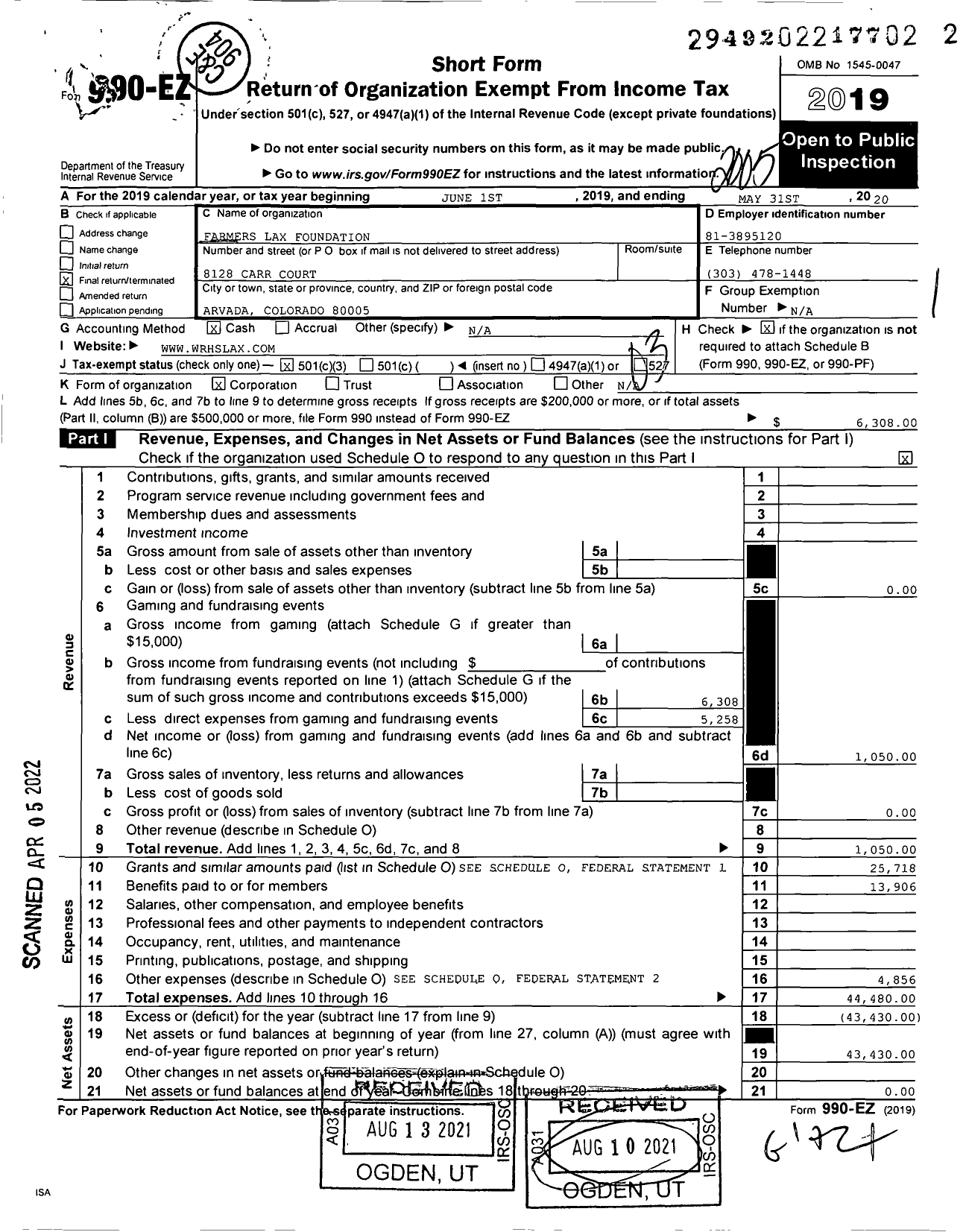Image of first page of 2019 Form 990EZ for Farmers Lax Foundation