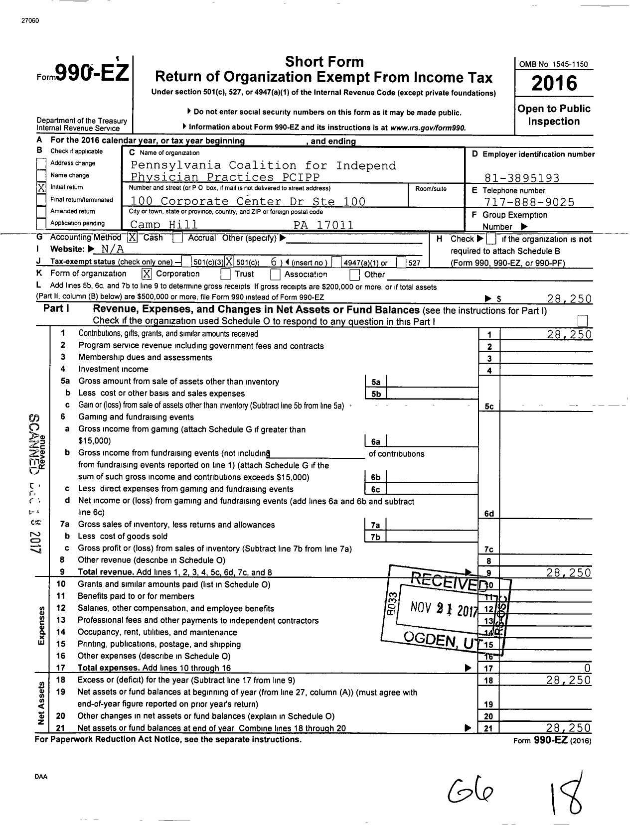 Image of first page of 2016 Form 990EO for Pennsylvania Coalition for Independ Physician Practices (PCIPP)