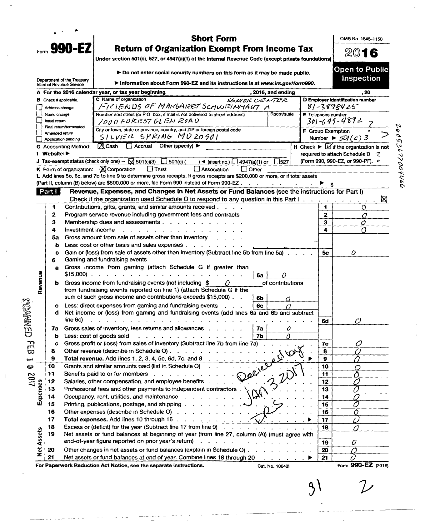 Image of first page of 2016 Form 990EZ for Friends of Margaret Schweinhaut Senior Center