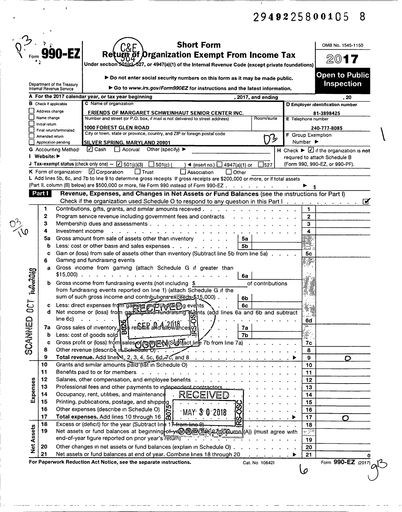 Image of first page of 2017 Form 990EZ for Friends of Margaret Schweinhaut Senior Center