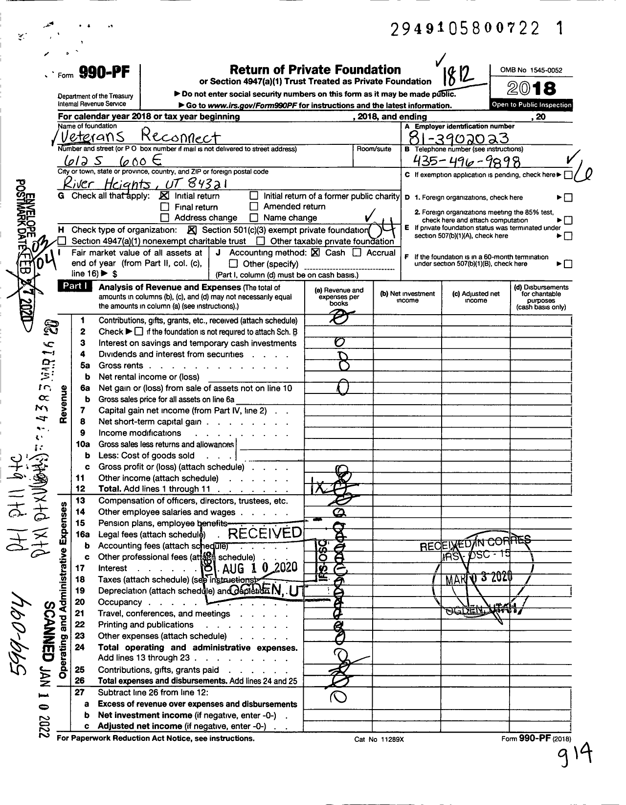 Image of first page of 2018 Form 990PF for Veterans Reconnect