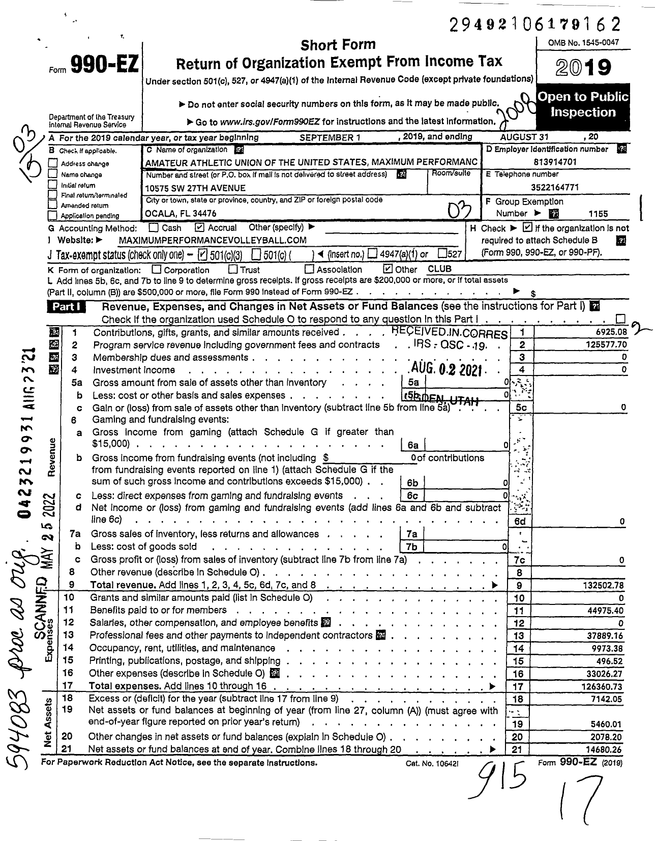 Image of first page of 2019 Form 990EZ for Amateur Athletic Union - Maximum Performance Volleyball