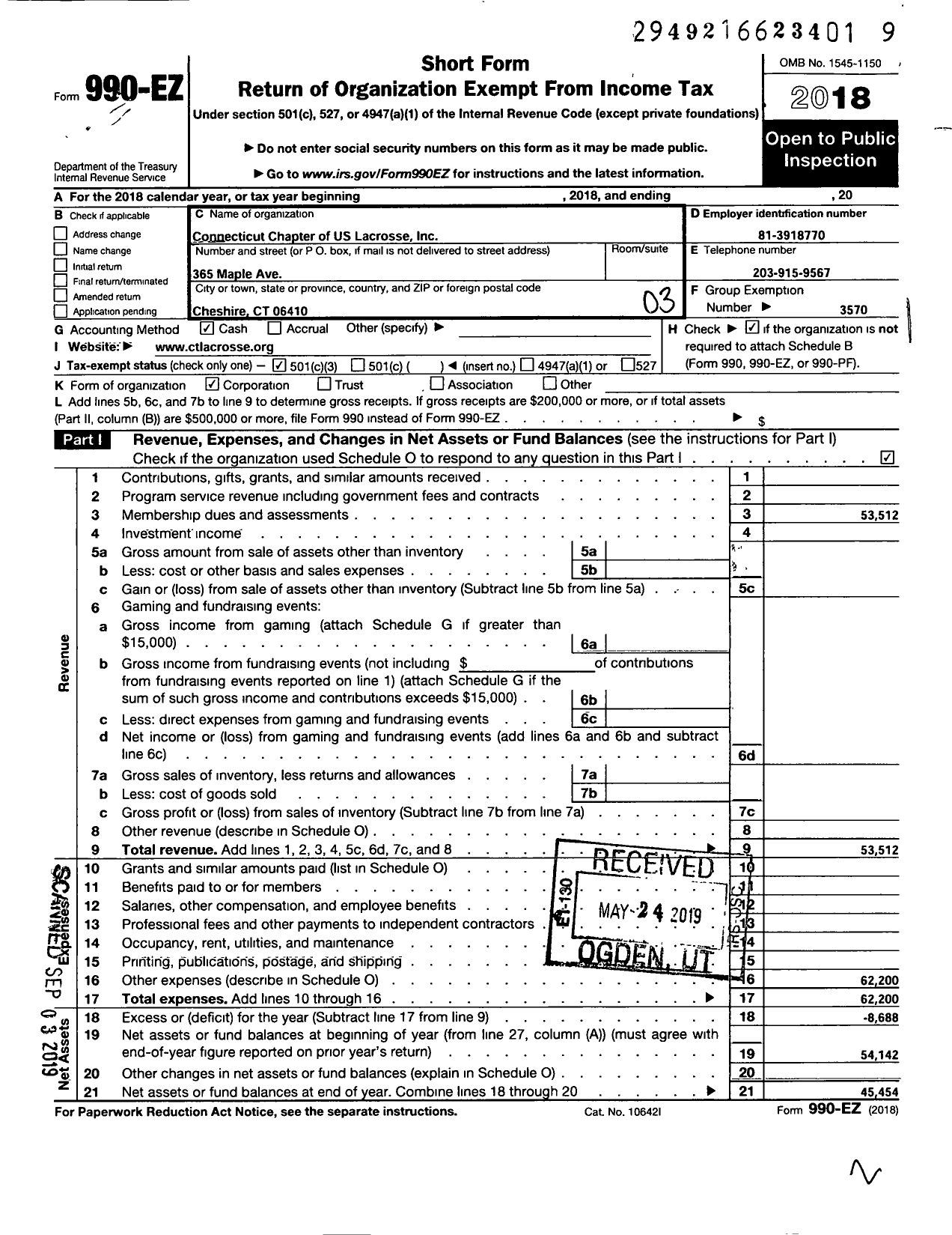 Image of first page of 2018 Form 990EZ for Connecticut Lacrosse Foundation