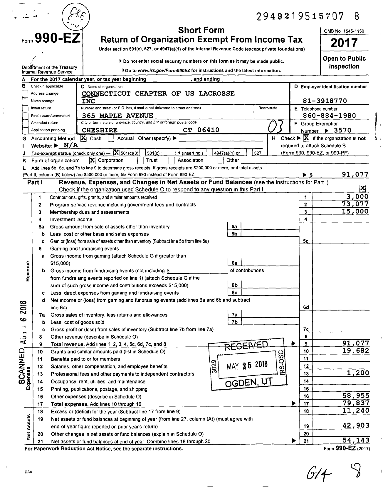 Image of first page of 2017 Form 990EZ for Connecticut Lacrosse Foundation