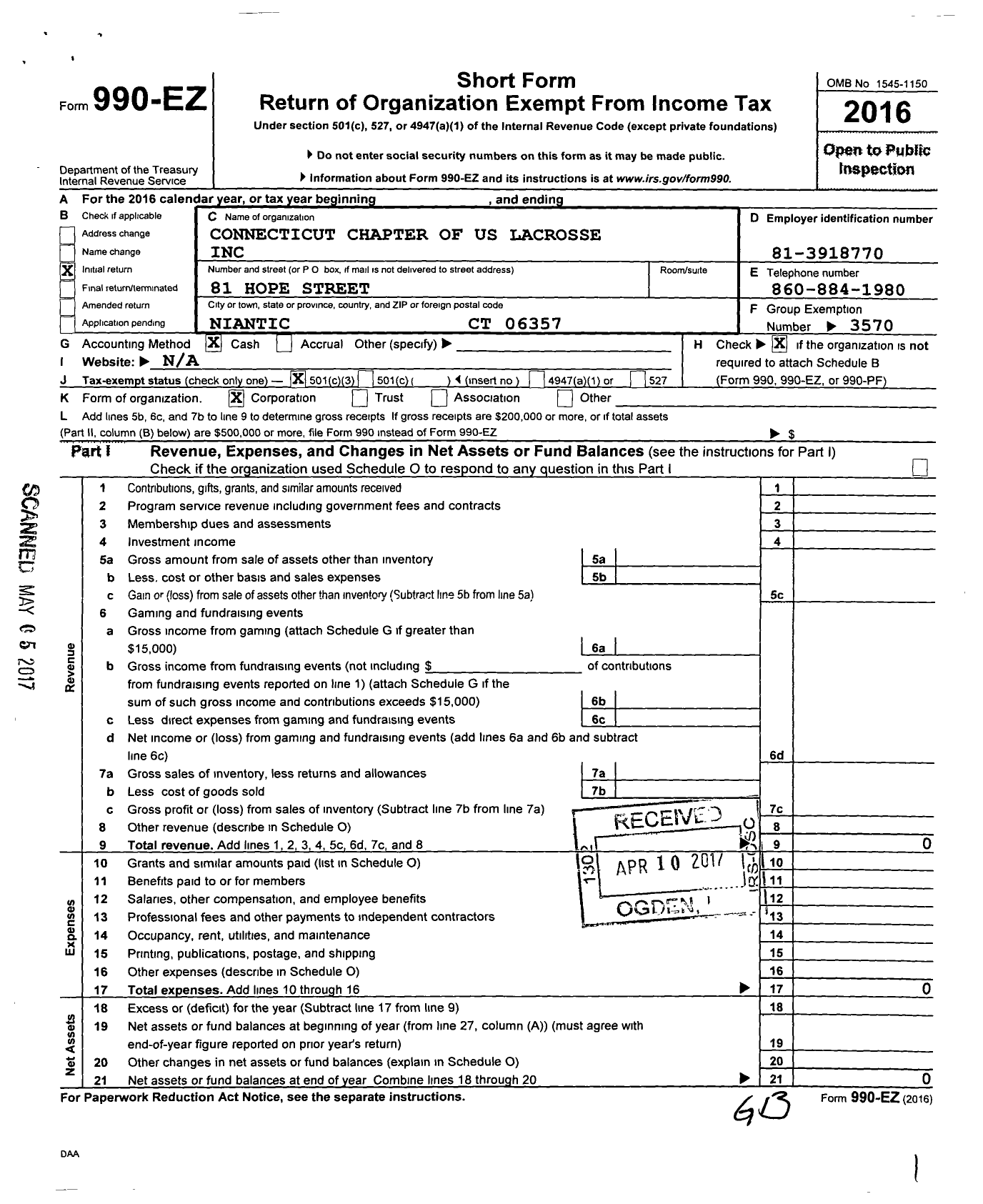 Image of first page of 2016 Form 990EZ for Connecticut Lacrosse Foundation