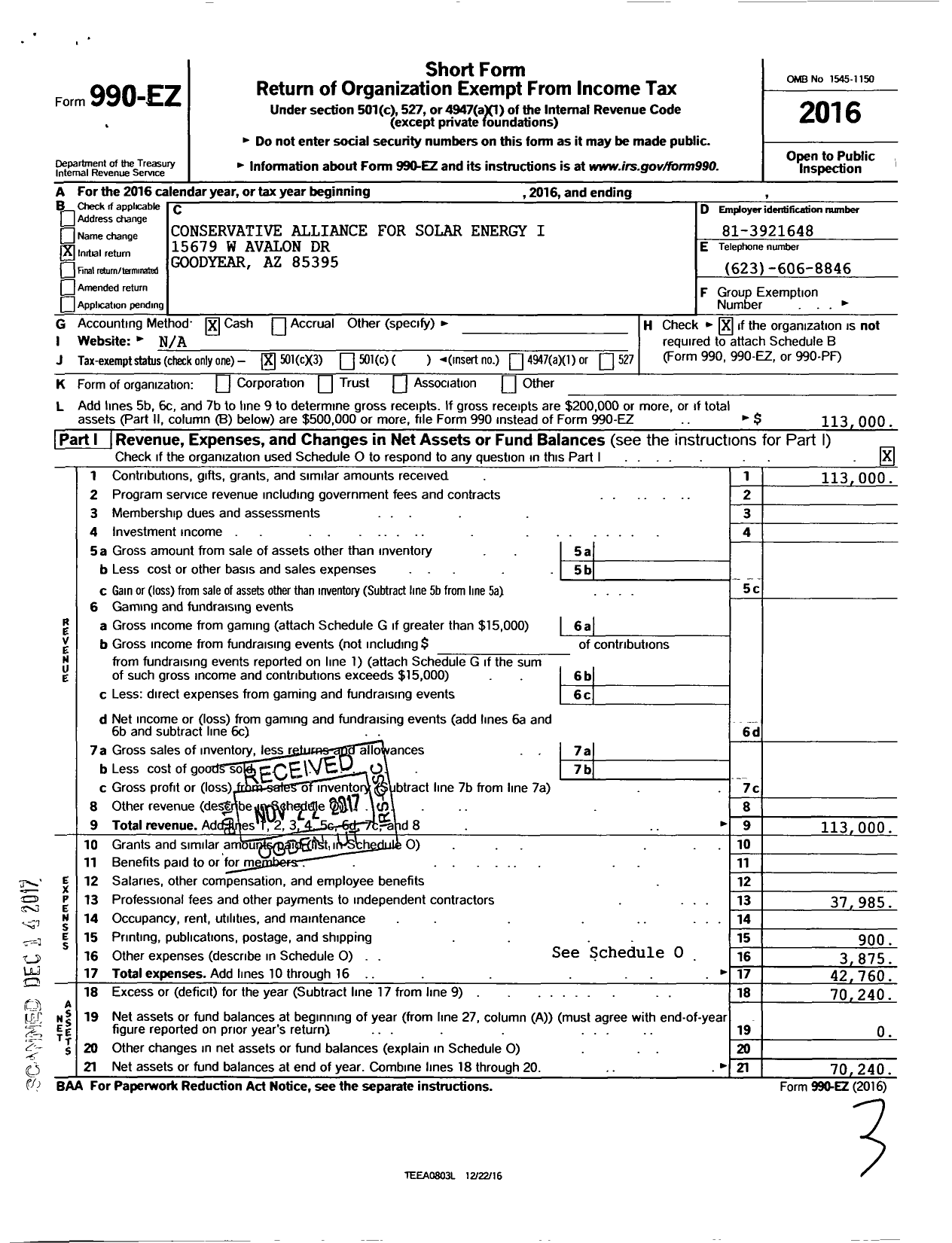 Image of first page of 2016 Form 990EZ for Conservative Alliance for Solar Energy I