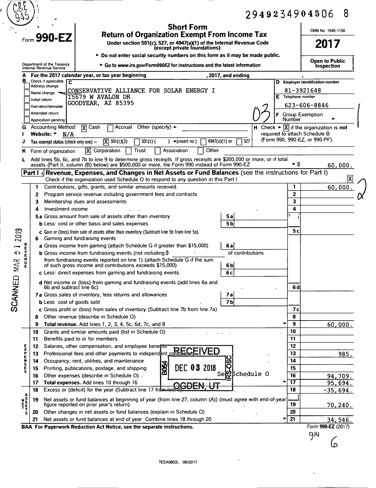 Image of first page of 2017 Form 990EZ for Conservative Alliance for Solar Energy I