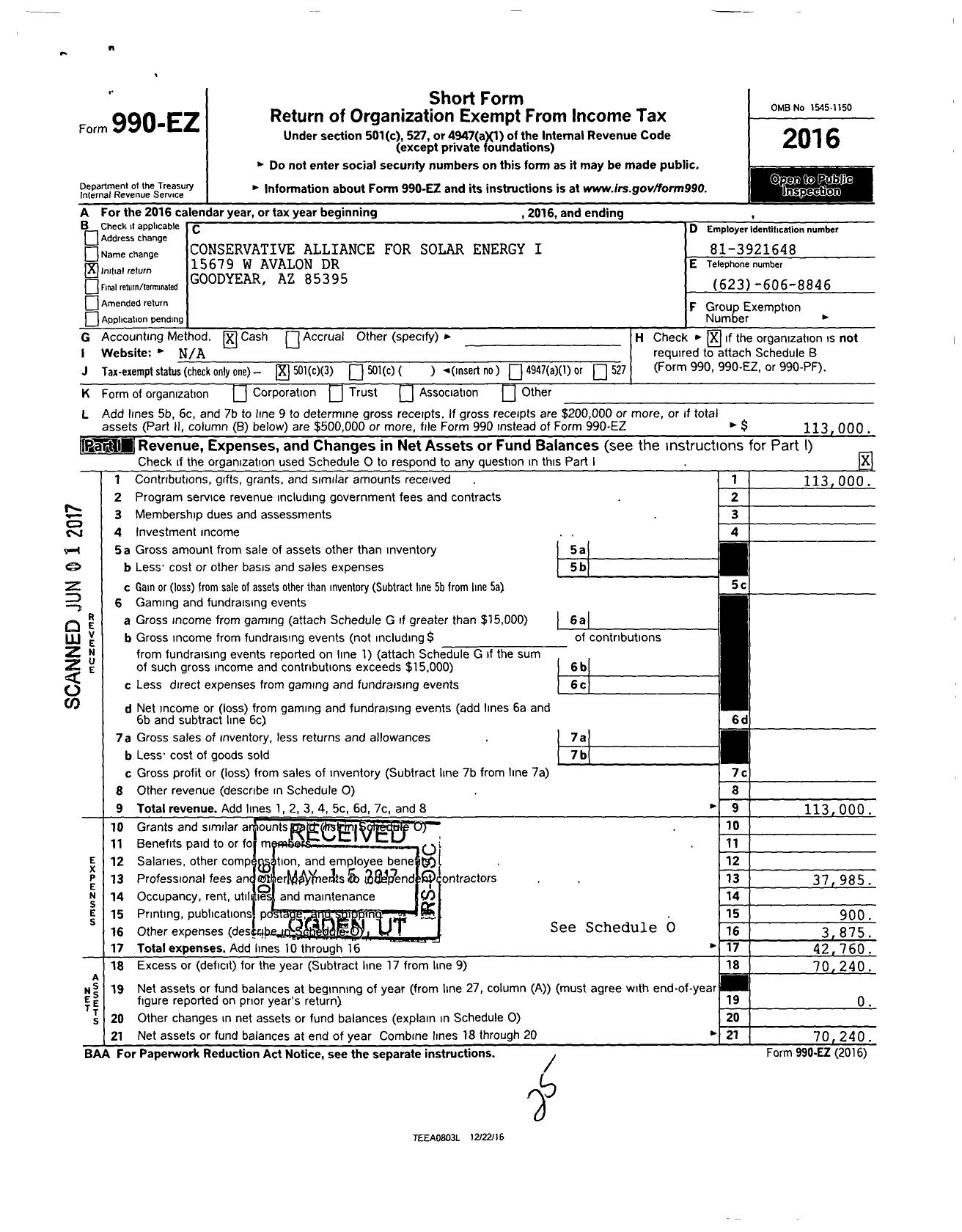 Image of first page of 2016 Form 990EZ for Conservative Alliance for Solar Energy I