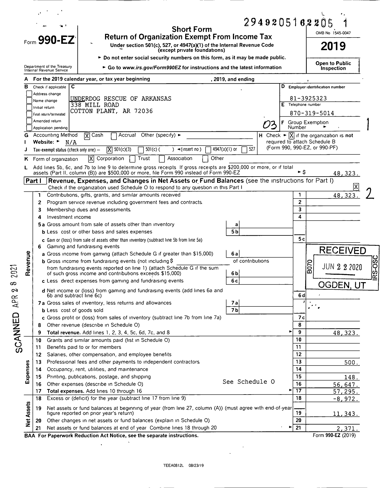 Image of first page of 2019 Form 990EZ for Underdog Rescue of Arkansas