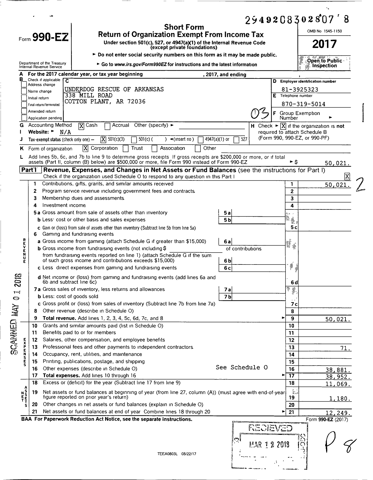 Image of first page of 2017 Form 990EZ for Underdog Rescue of Arkansas