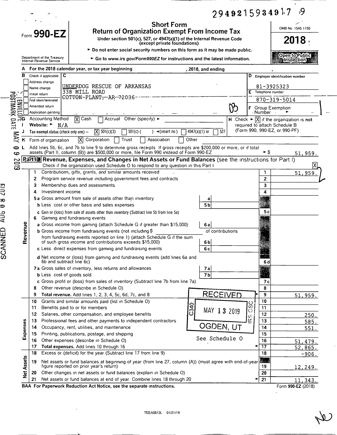 Image of first page of 2018 Form 990EZ for Underdog Rescue of Arkansas