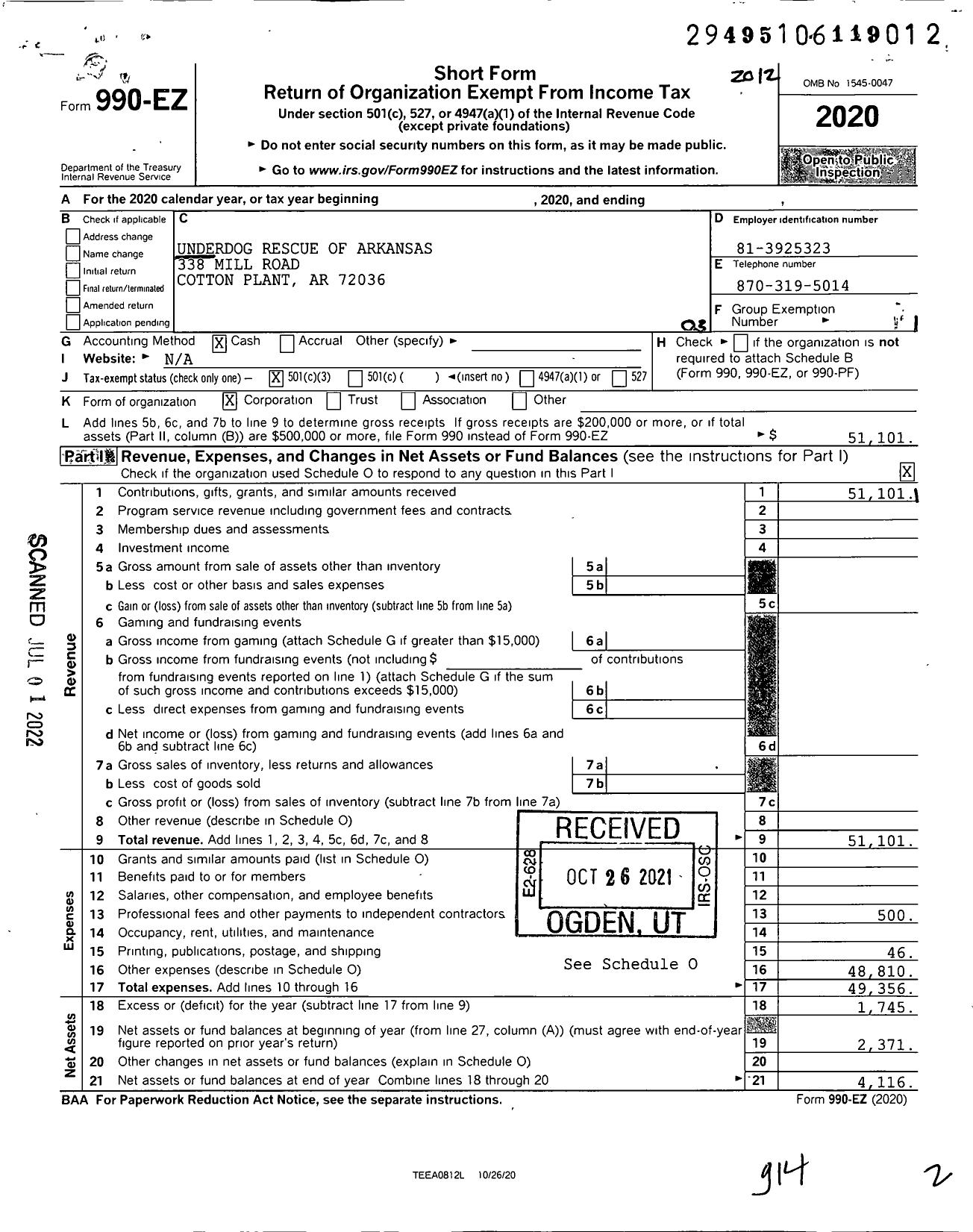 Image of first page of 2020 Form 990EZ for Underdog Rescue of Arkansas