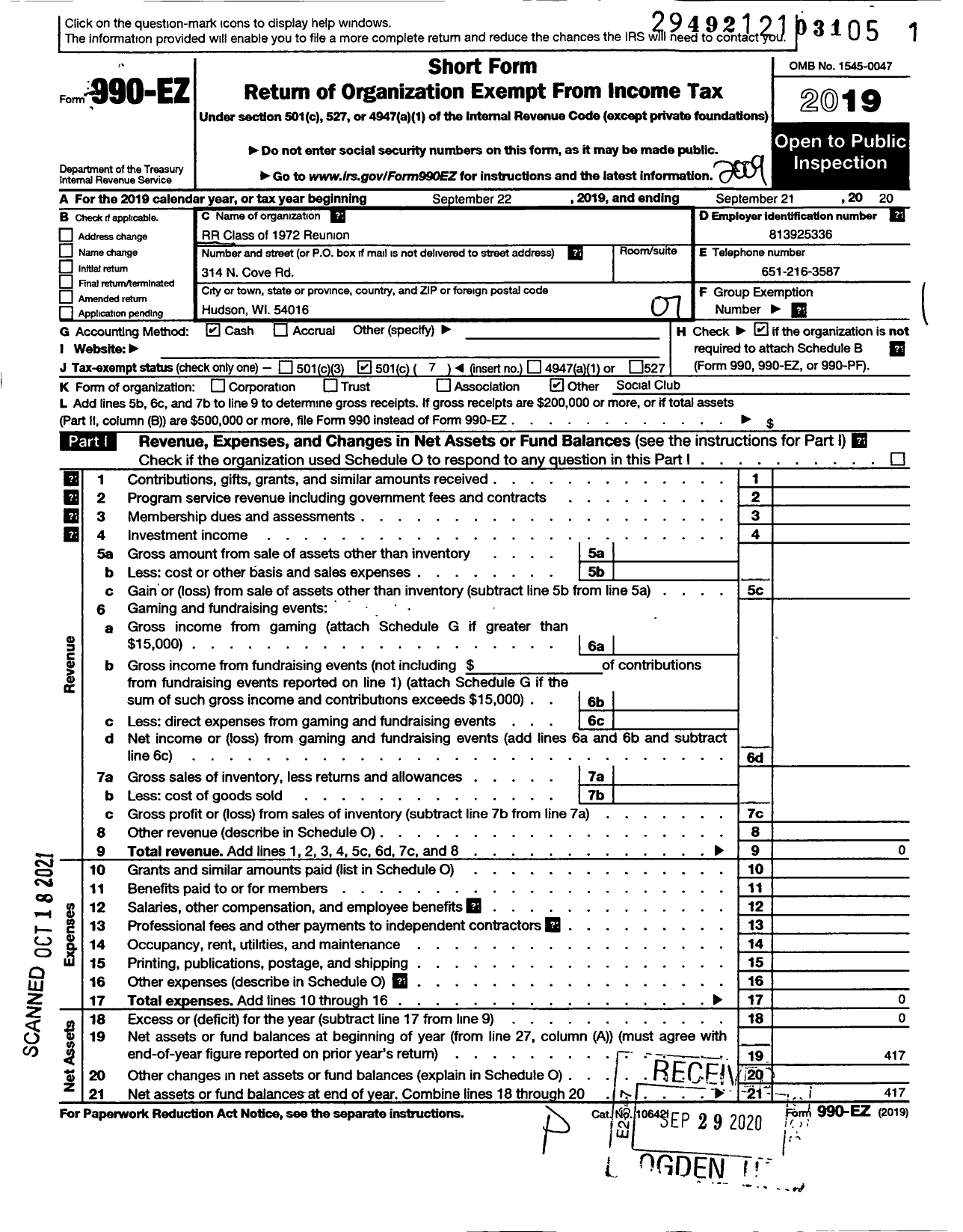 Image of first page of 2019 Form 990EO for RR Class of 1972 Reunion