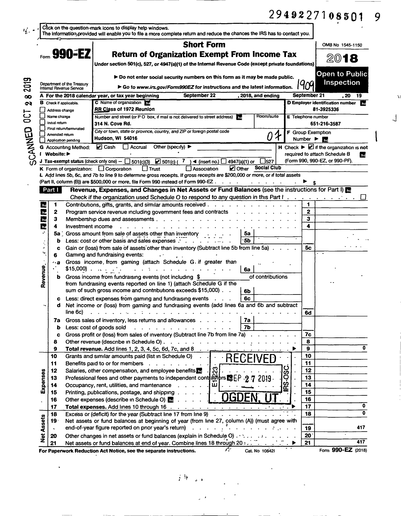 Image of first page of 2018 Form 990EO for RR Class of 1972 Reunion