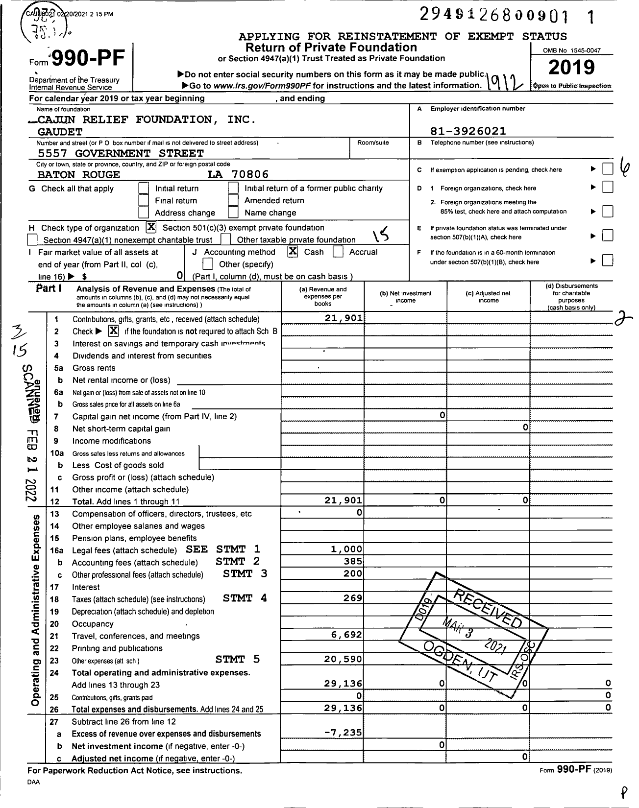 Image of first page of 2019 Form 990PF for Cajun Navy Ground Force