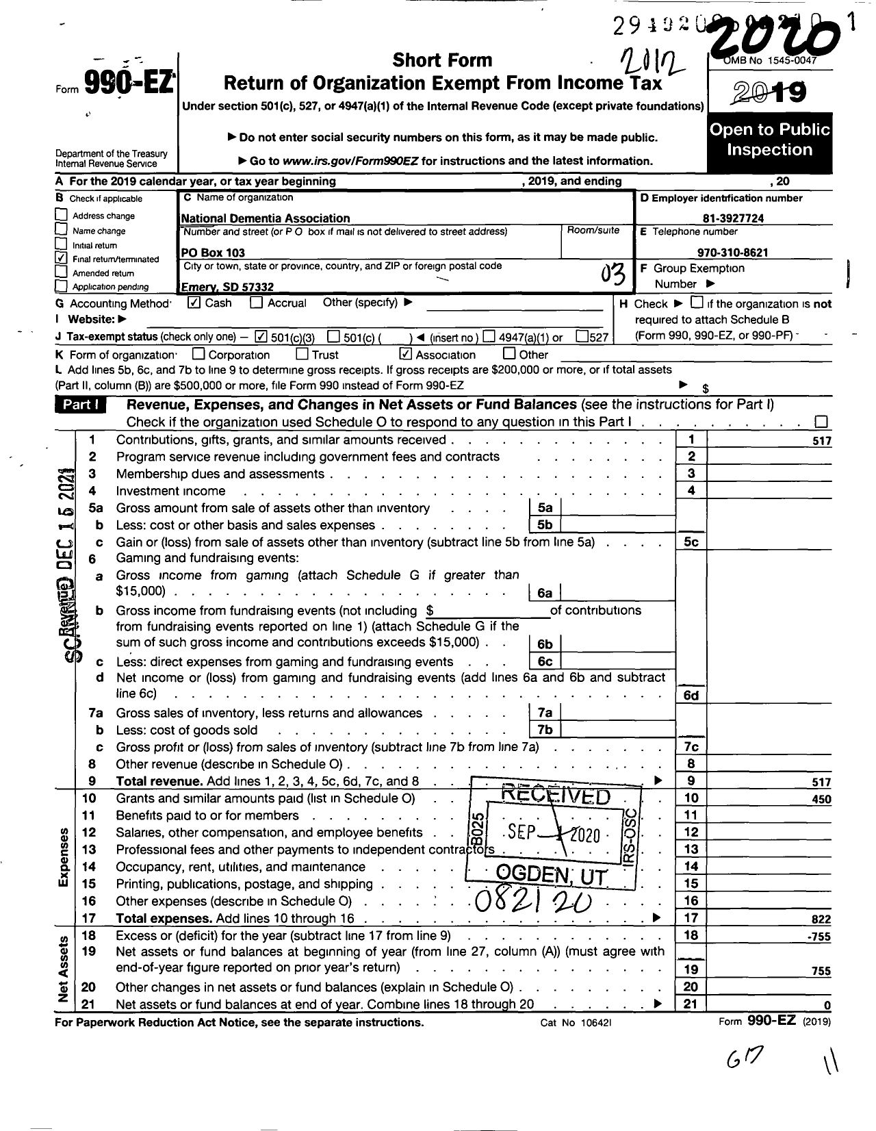 Image of first page of 2020 Form 990EZ for National Dementia Association