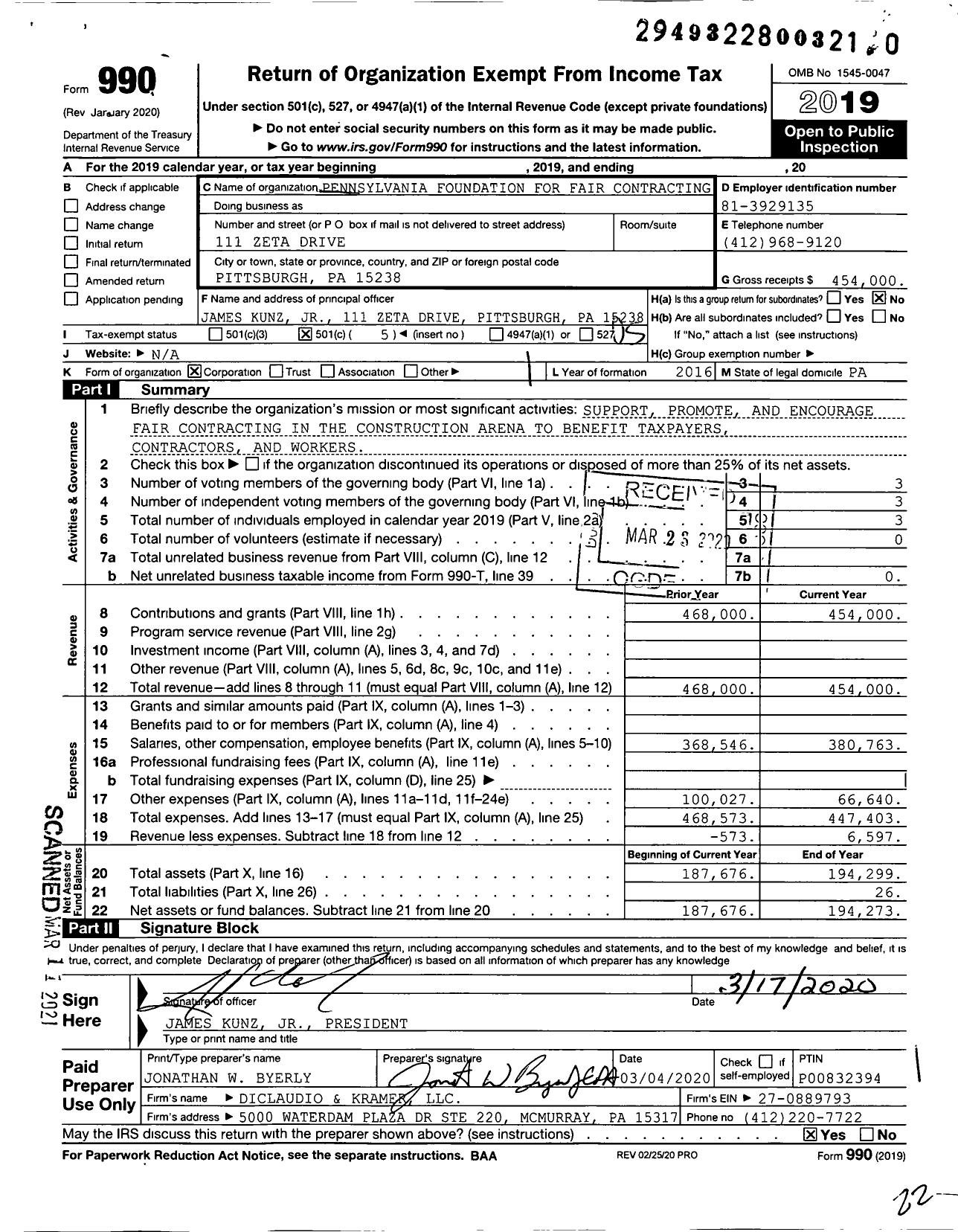 Image of first page of 2019 Form 990O for Pennsylvania Foundation for Fair Contracting