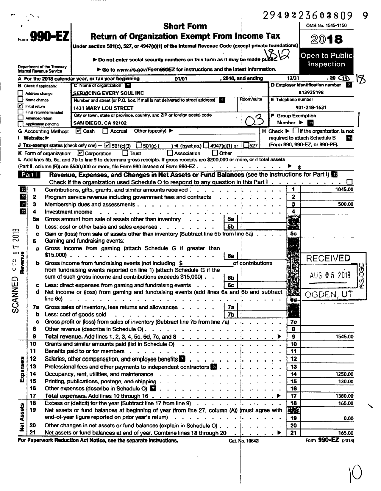 Image of first page of 2018 Form 990EZ for Servicing Every Soul