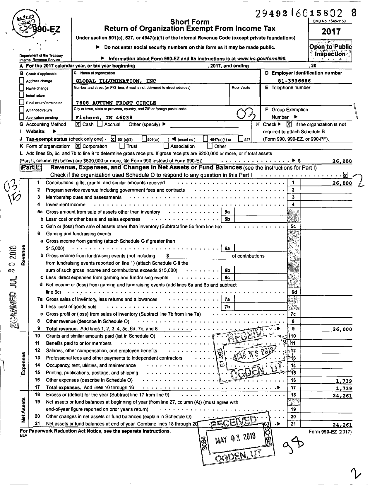 Image of first page of 2017 Form 990EZ for Global Illumination