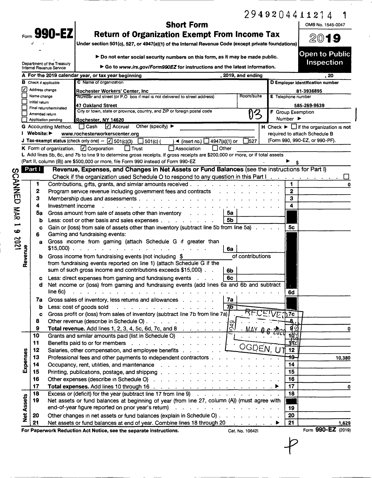 Image of first page of 2019 Form 990EZ for Rochester Workers Center