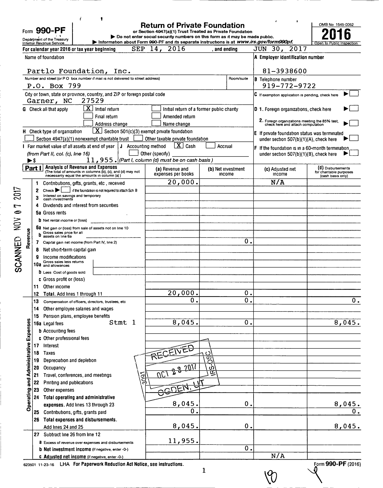 Image of first page of 2016 Form 990PF for Partlo Foundation